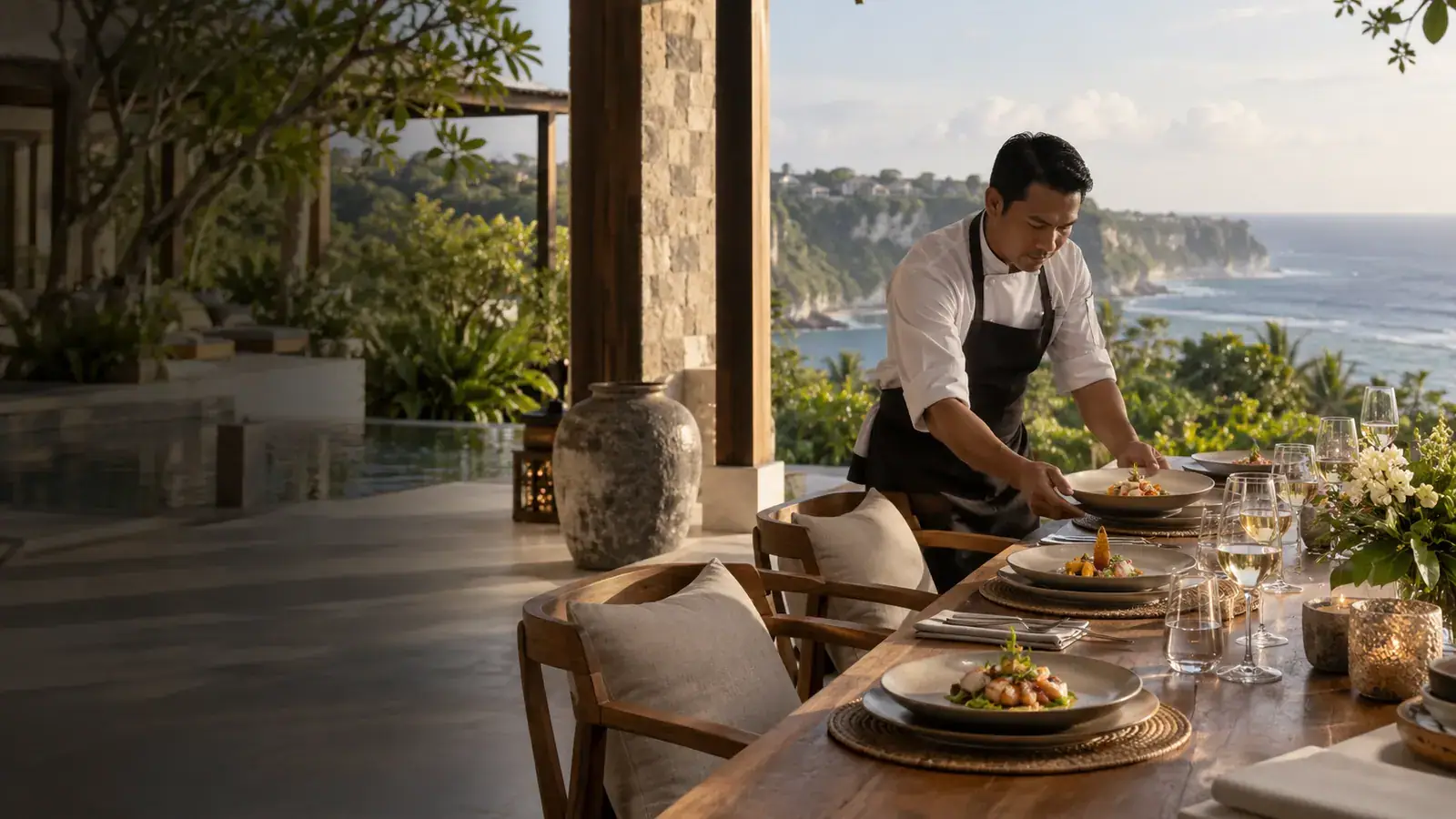 Private chef setting a candlelit dinner on a clifftop terrace at a Bukit Peninsula villa
