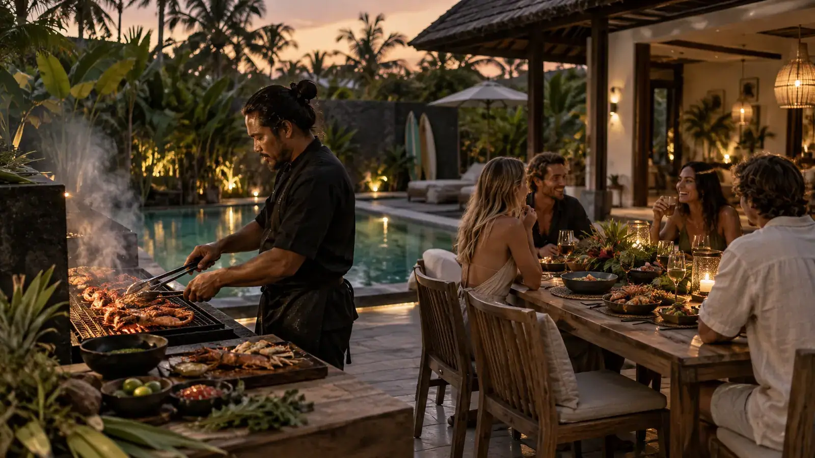 Balinese chef preparing poolside brunch at a modern Canggu villa with rice field views