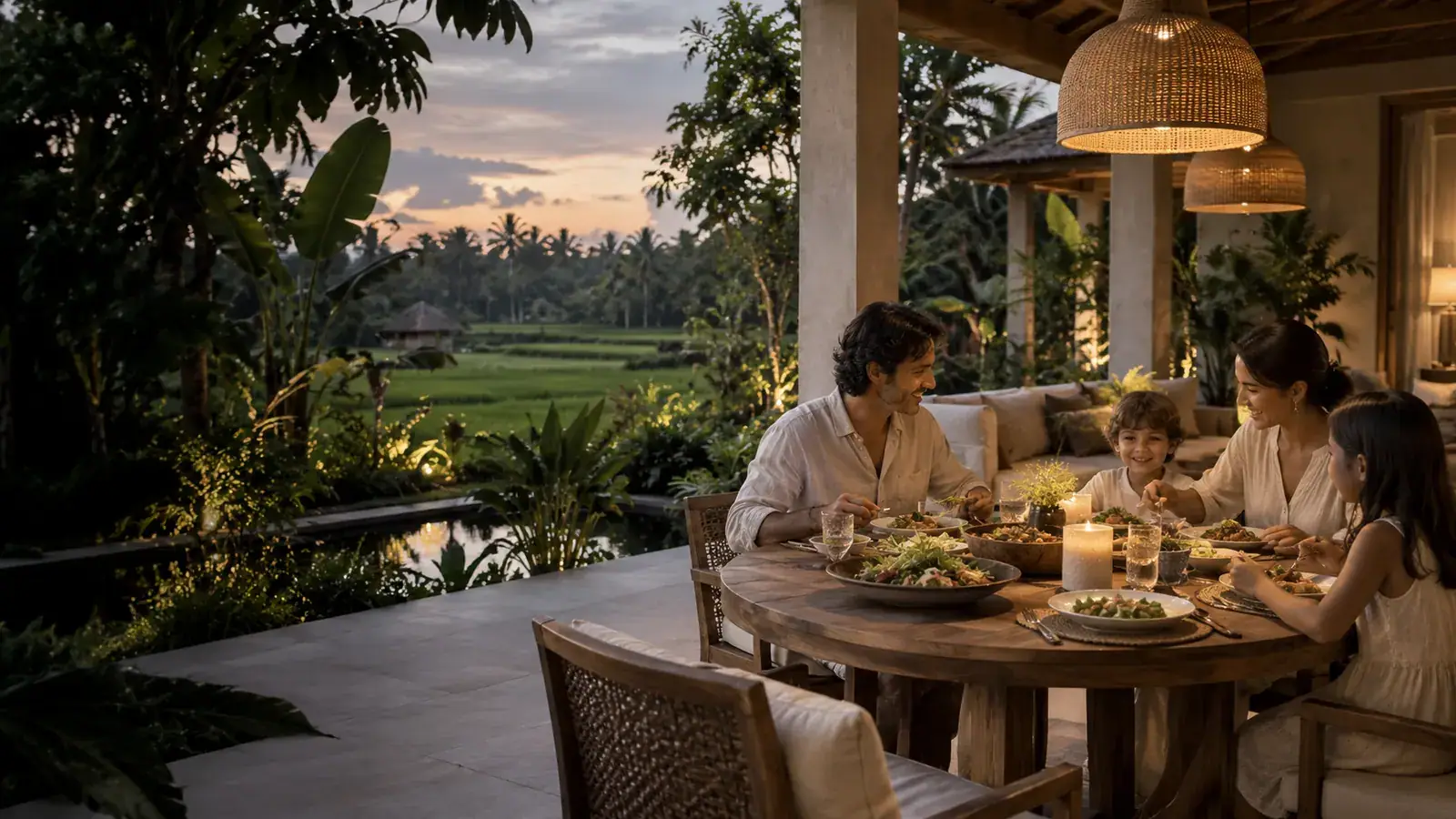 A group sharing an outdoor meal beside green fields
