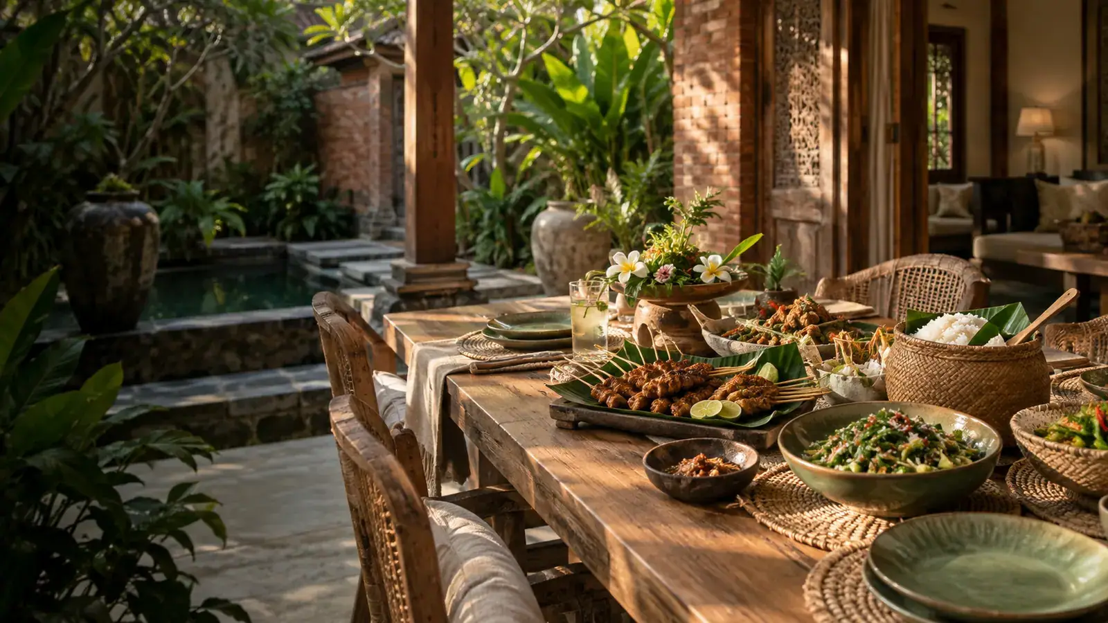 Shared dishes at a wooden table in a leafy garden pavilion