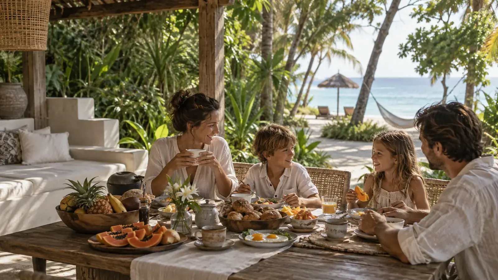family breakfast at a private Gili Air villa
