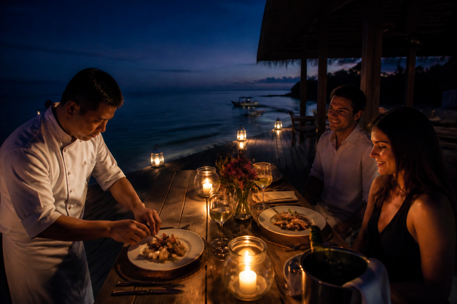 Romantic private chef dinner on quiet Gili Meno deck with myCHEF