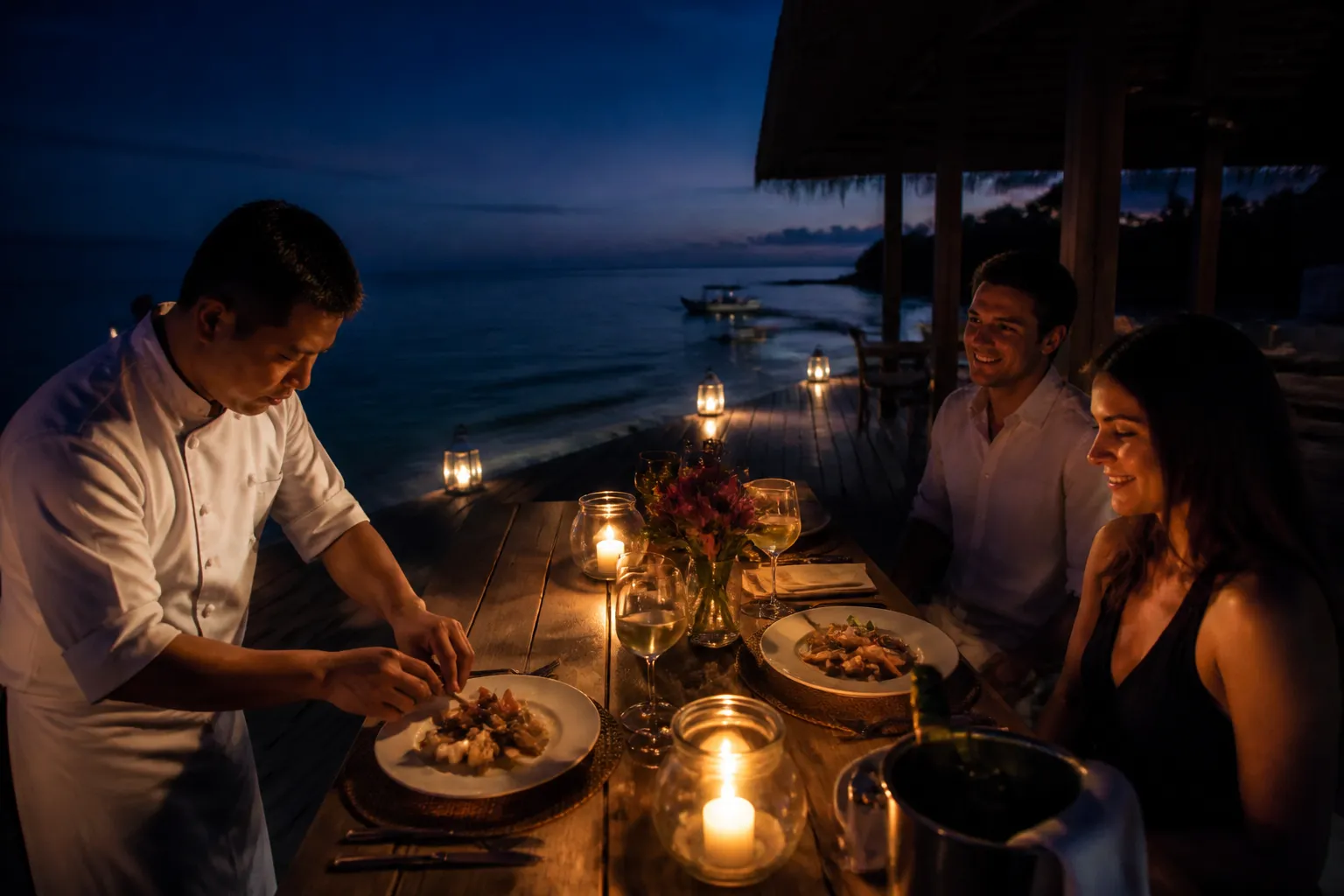 candlelit dining table for a Gili Meno celebration