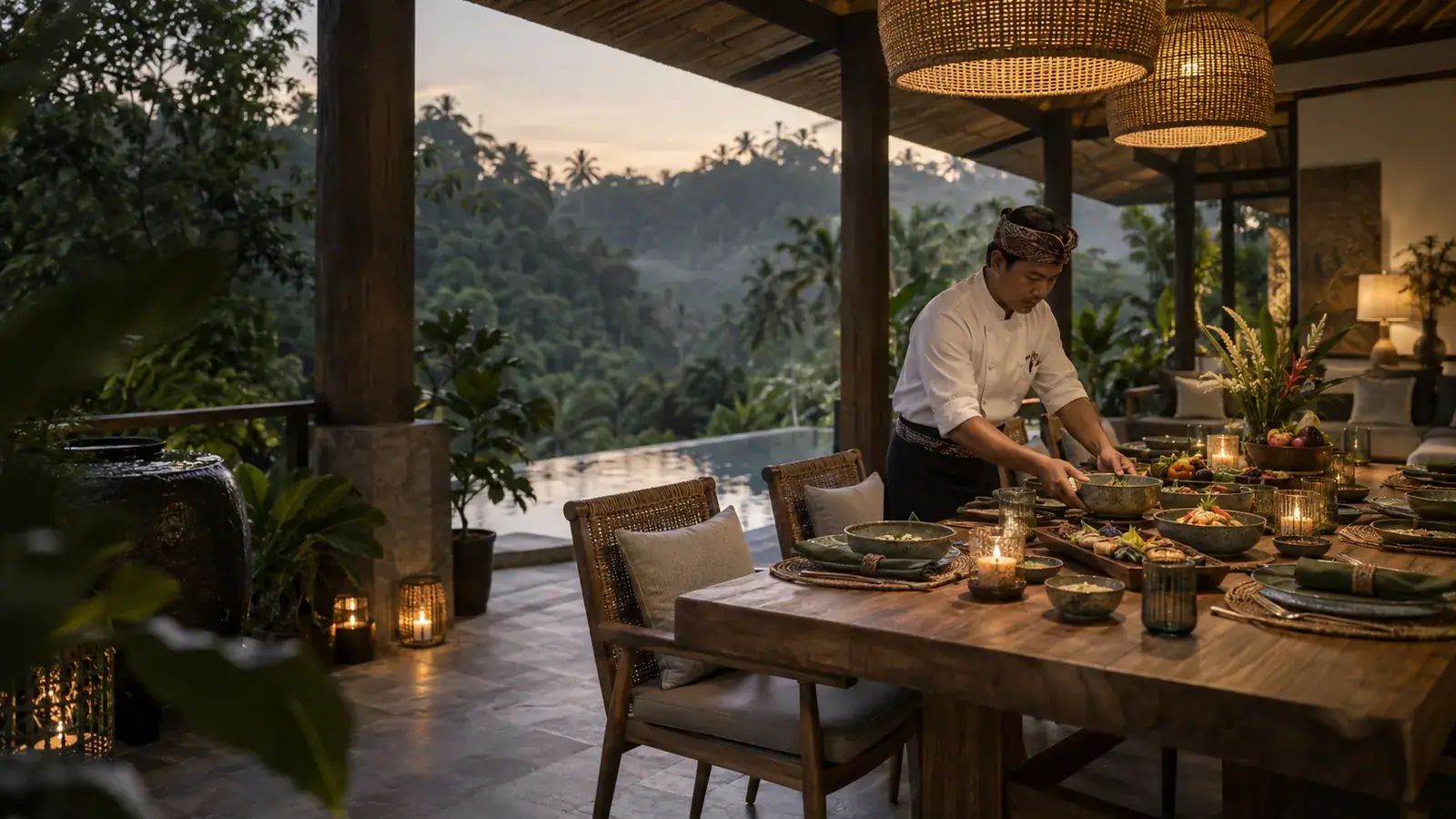 A cook preparing plates at a covered dining table above a green valley