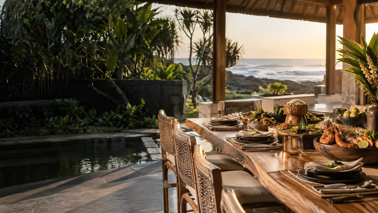 A shaded dining table with shared dishes beside the coast