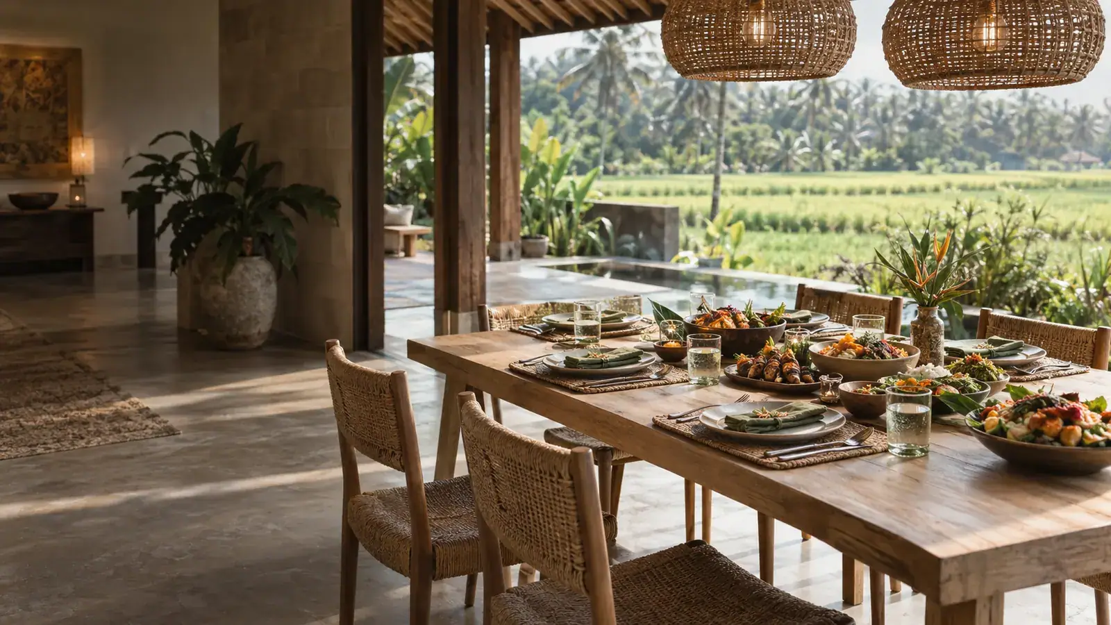 A covered dining table beside green rice fields