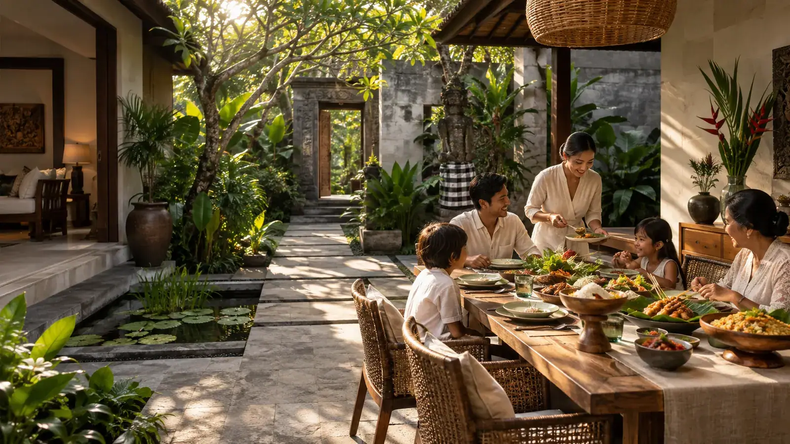 A group at a dining table beside a leafy garden