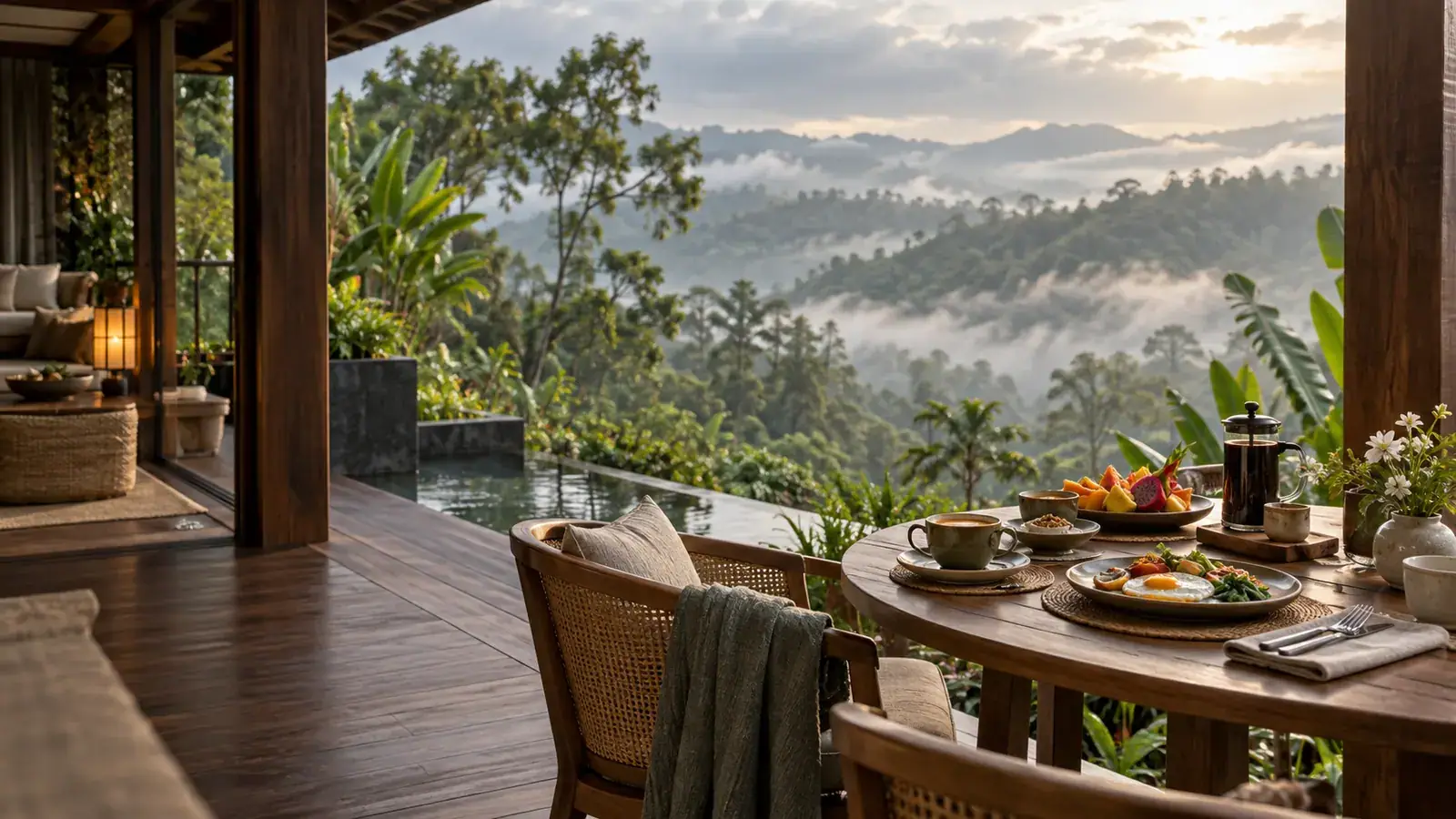 A covered dining table overlooking forested mountain slopes
