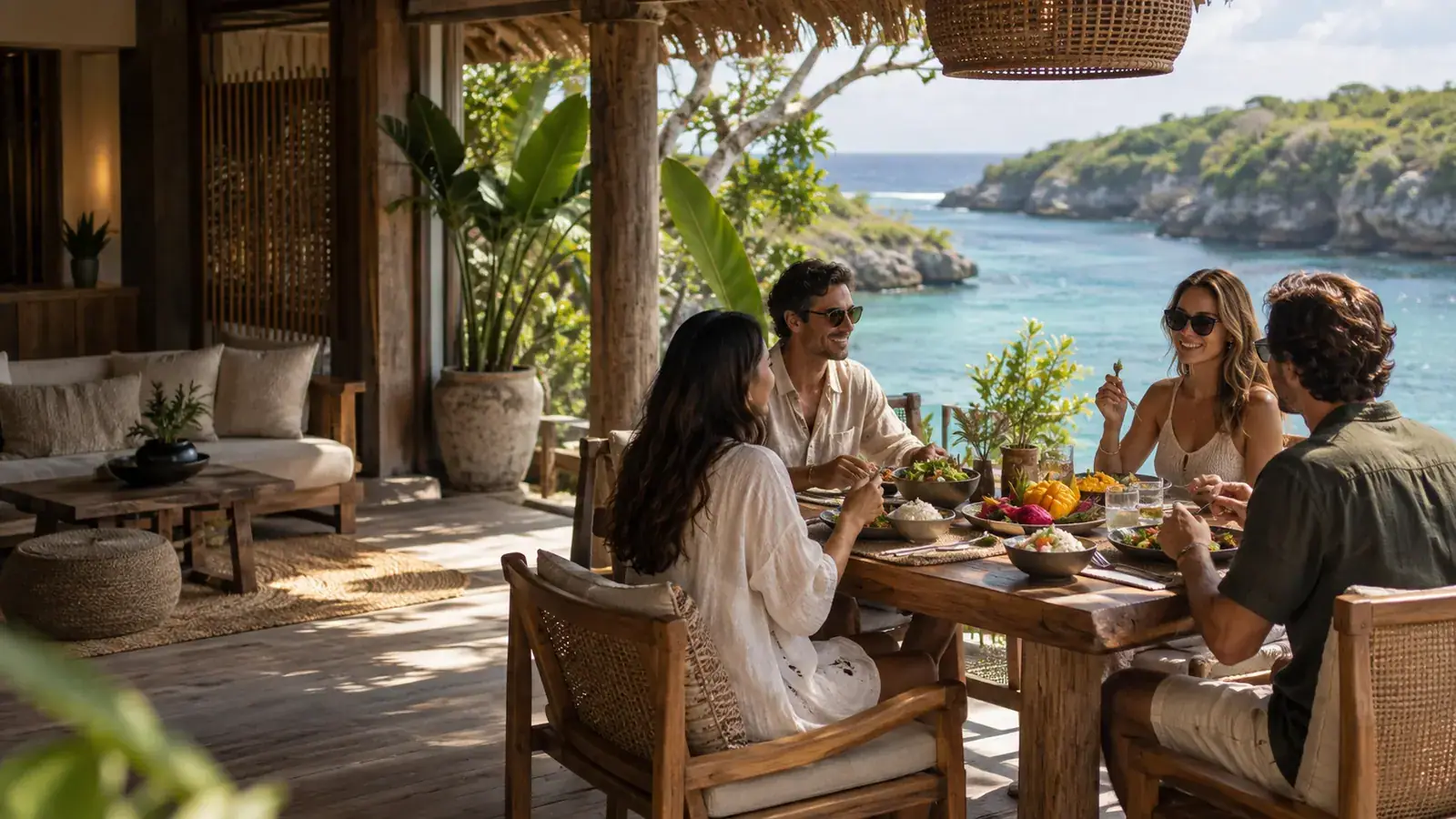 A group sharing an outdoor meal beside a blue coastal bay