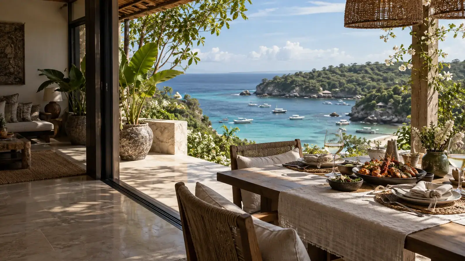 A shaded dining table overlooking a coastal bay