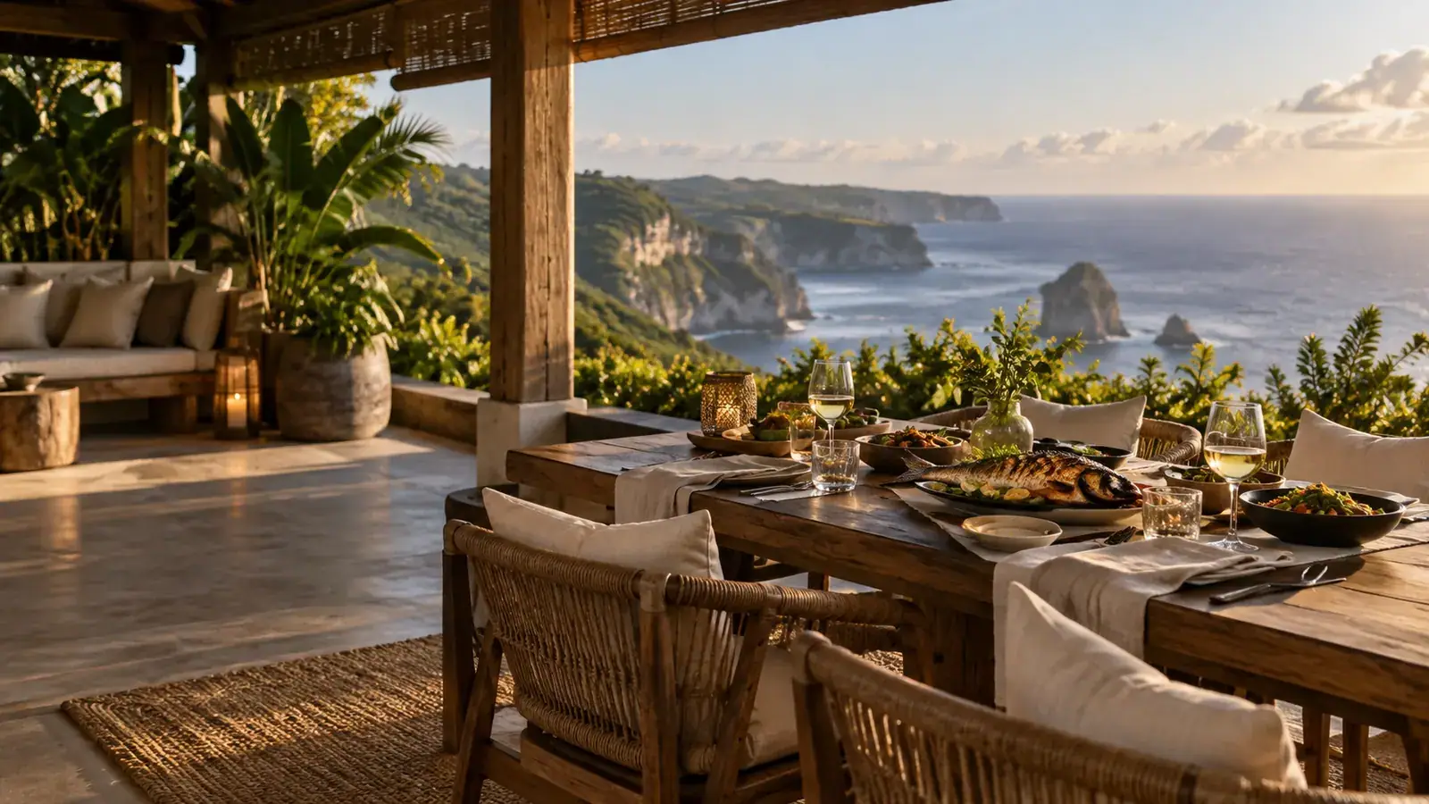 A covered dining table overlooking coastal cliffs