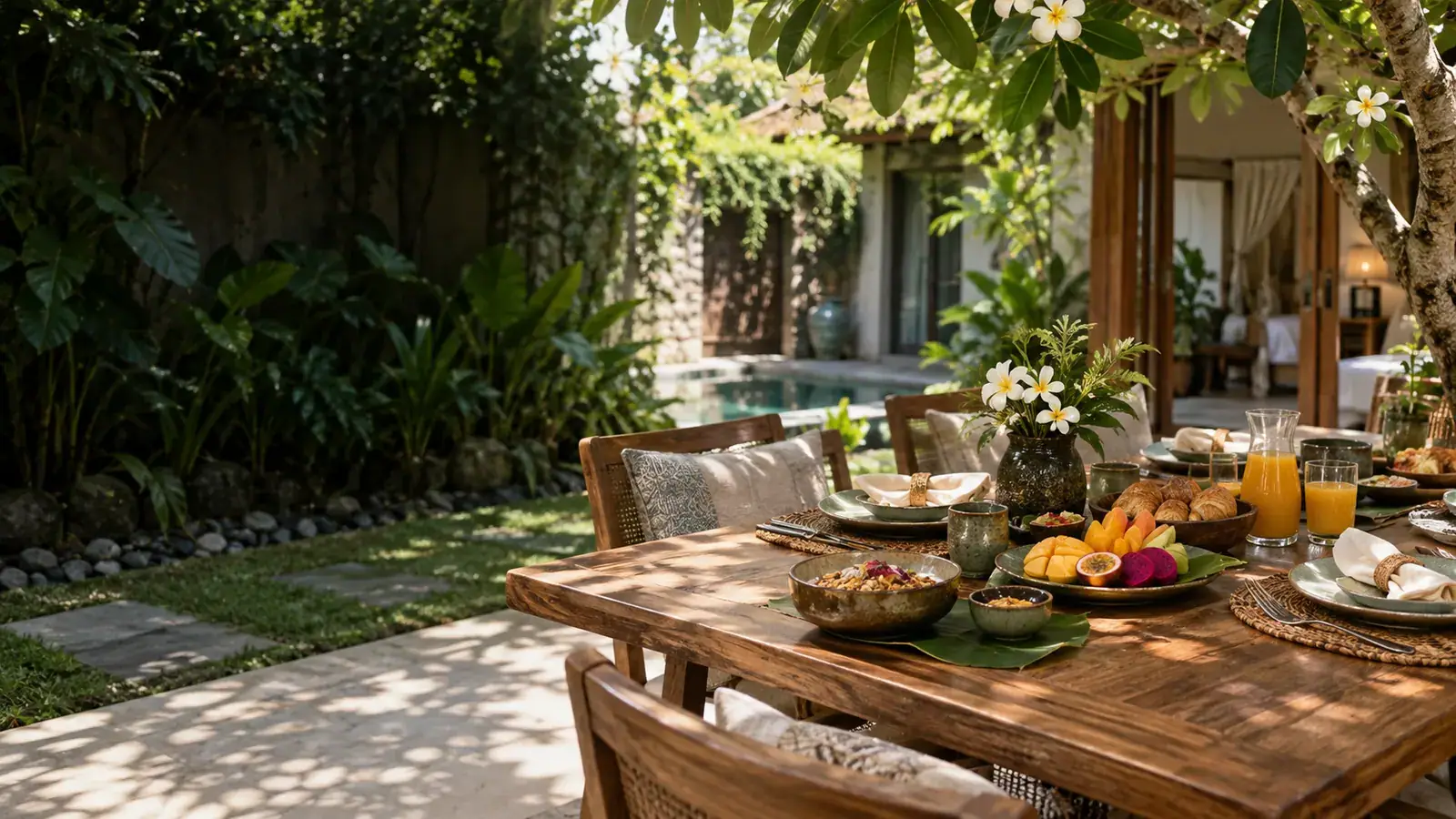 Fruit and breakfast dishes on a garden terrace table