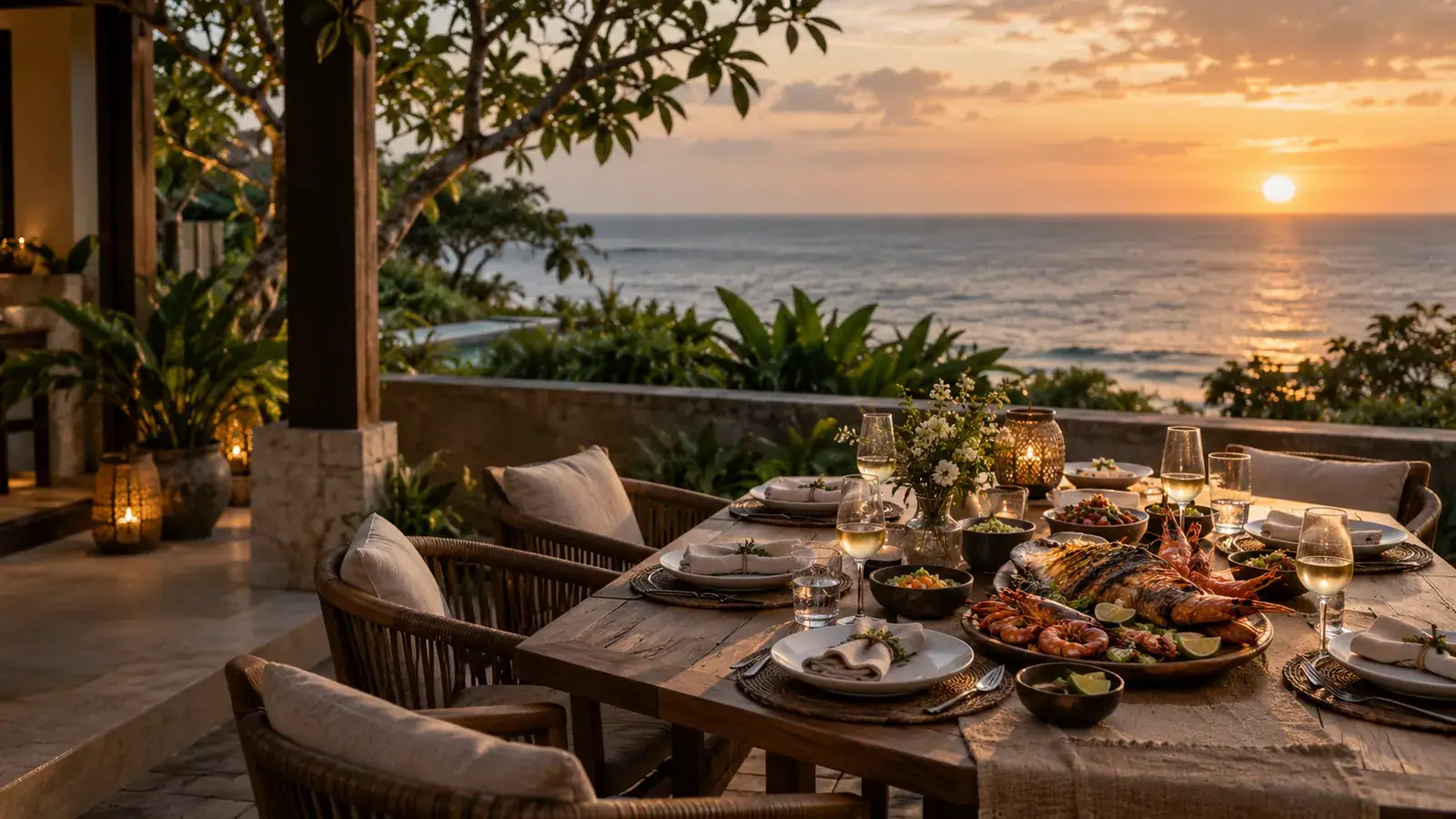 Shared dishes at a covered terrace table overlooking the sea