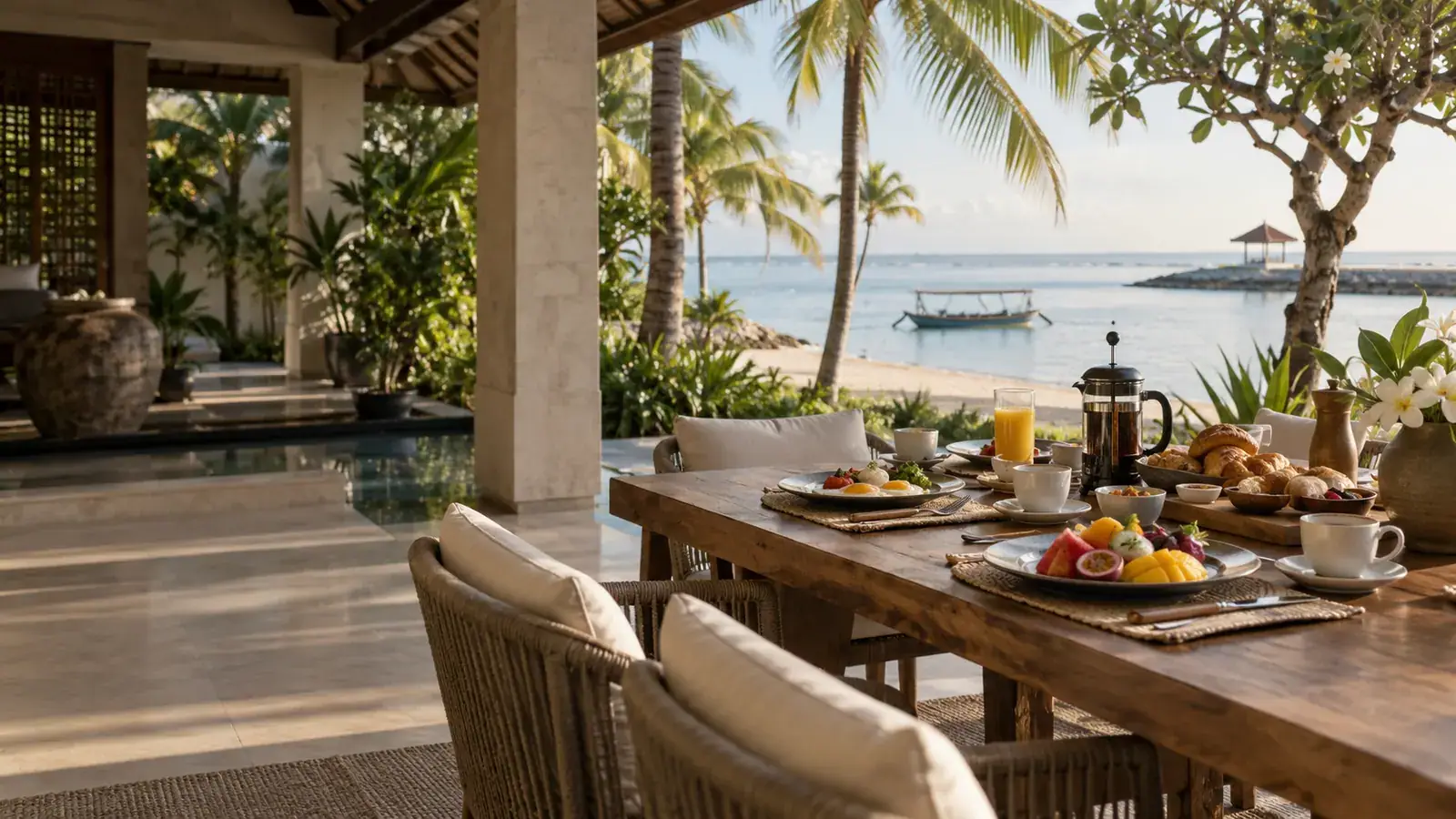 Private chef serving a private dinner on a Tanjung Benoa beachfront villa terrace