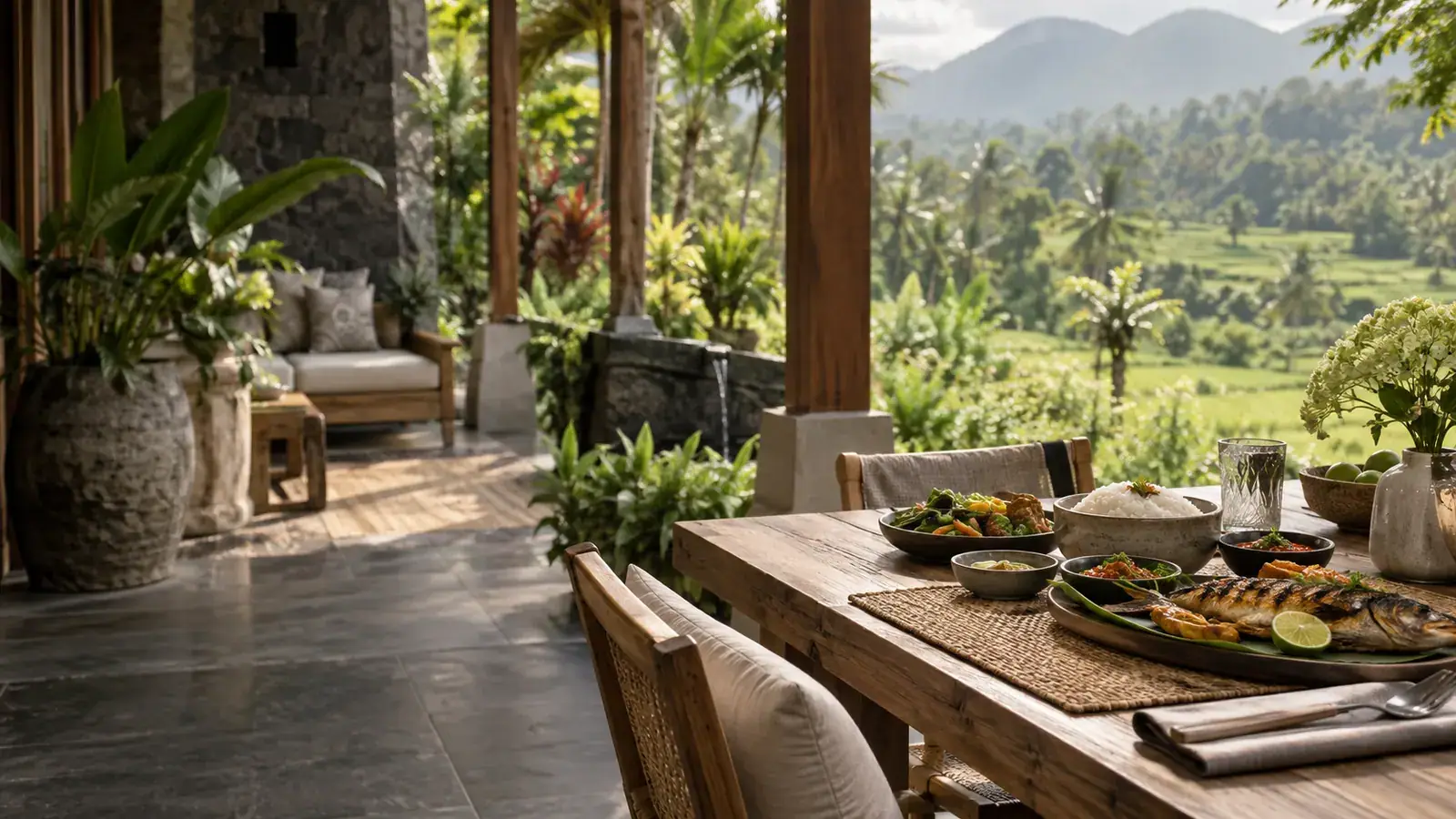 A shaded table with shared dishes beside a tropical garden