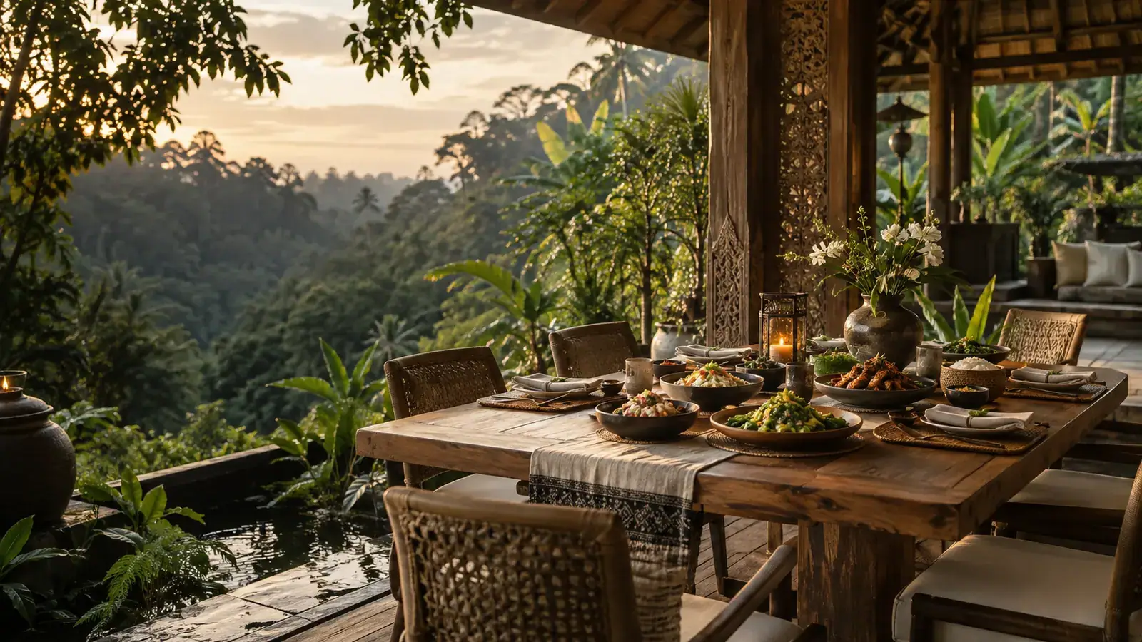 Shared dishes at a covered dining table overlooking a green valley