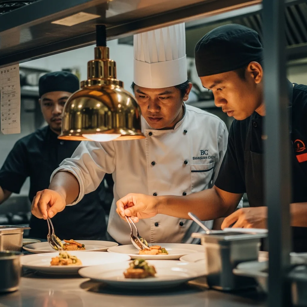 Chef training a kitchen team on plating standards at the pass