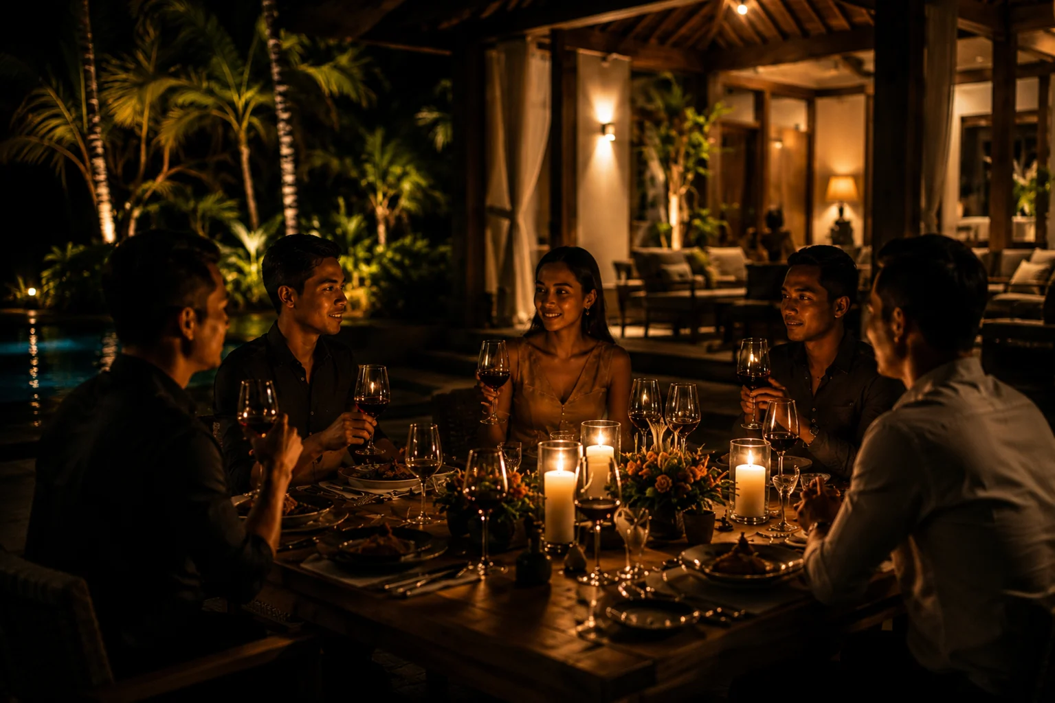 Fine dining private villa dinner service in Bali with candlelight and wine pairing