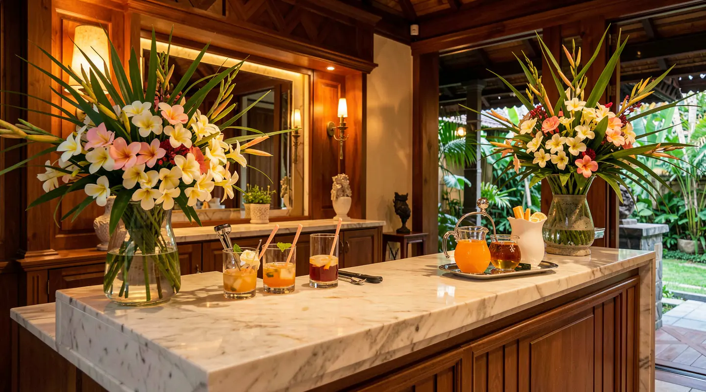 Luxury Bali villa terrace at golden hour with a concierge desk