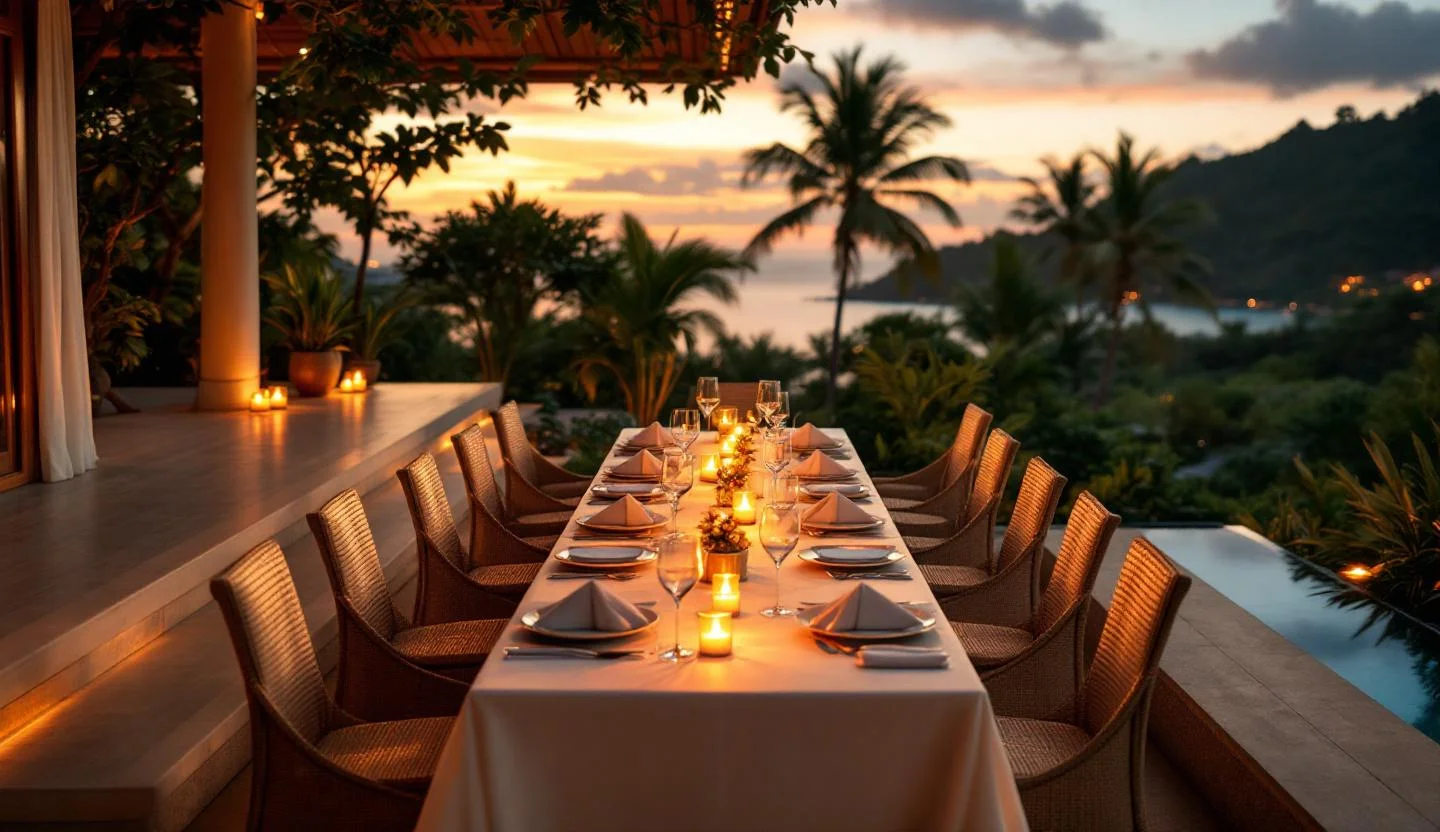 Private Bali villa private dining setup at golden hour