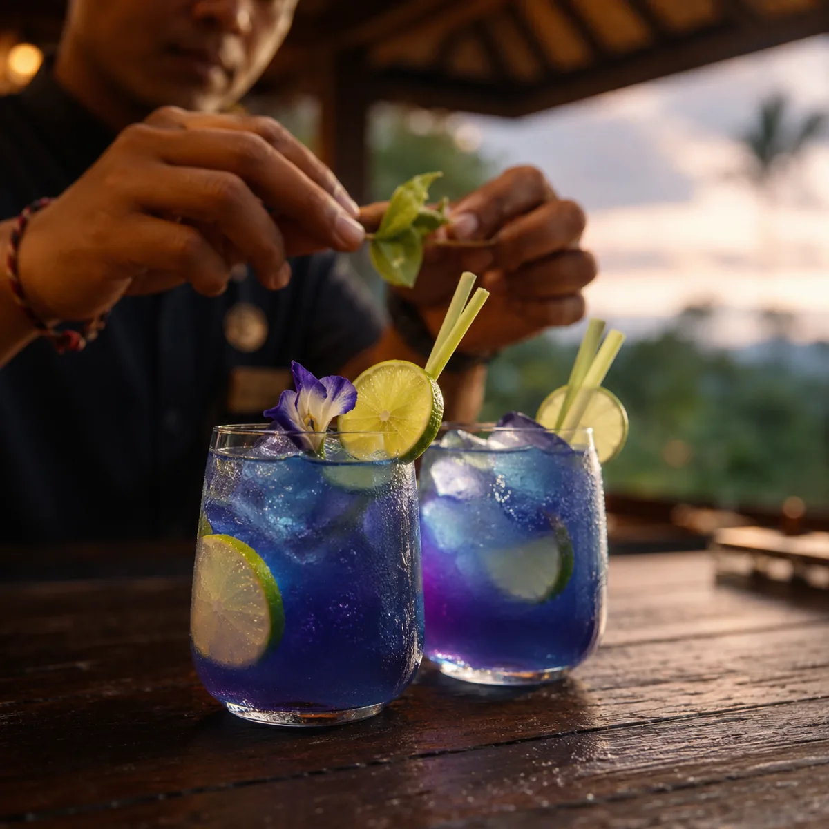 Balinese bartender garnishing signature butterfly-pea cocktails at a Bali villa bar