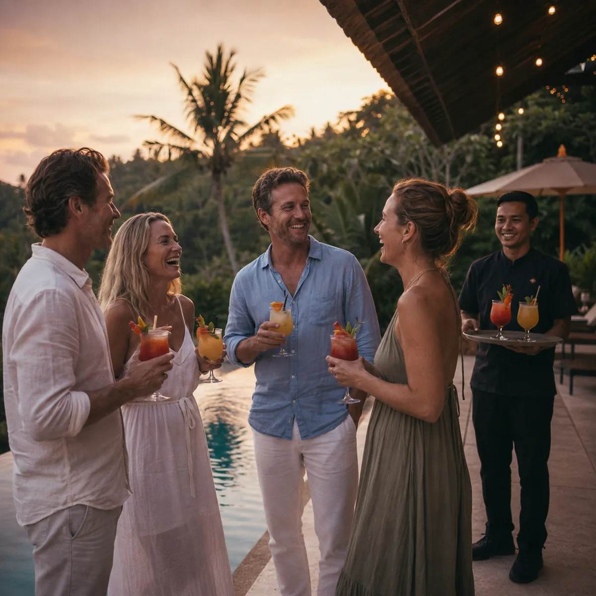 Guests enjoying cocktails by a Bali villa pool while an Indonesian server presents a drinks tray