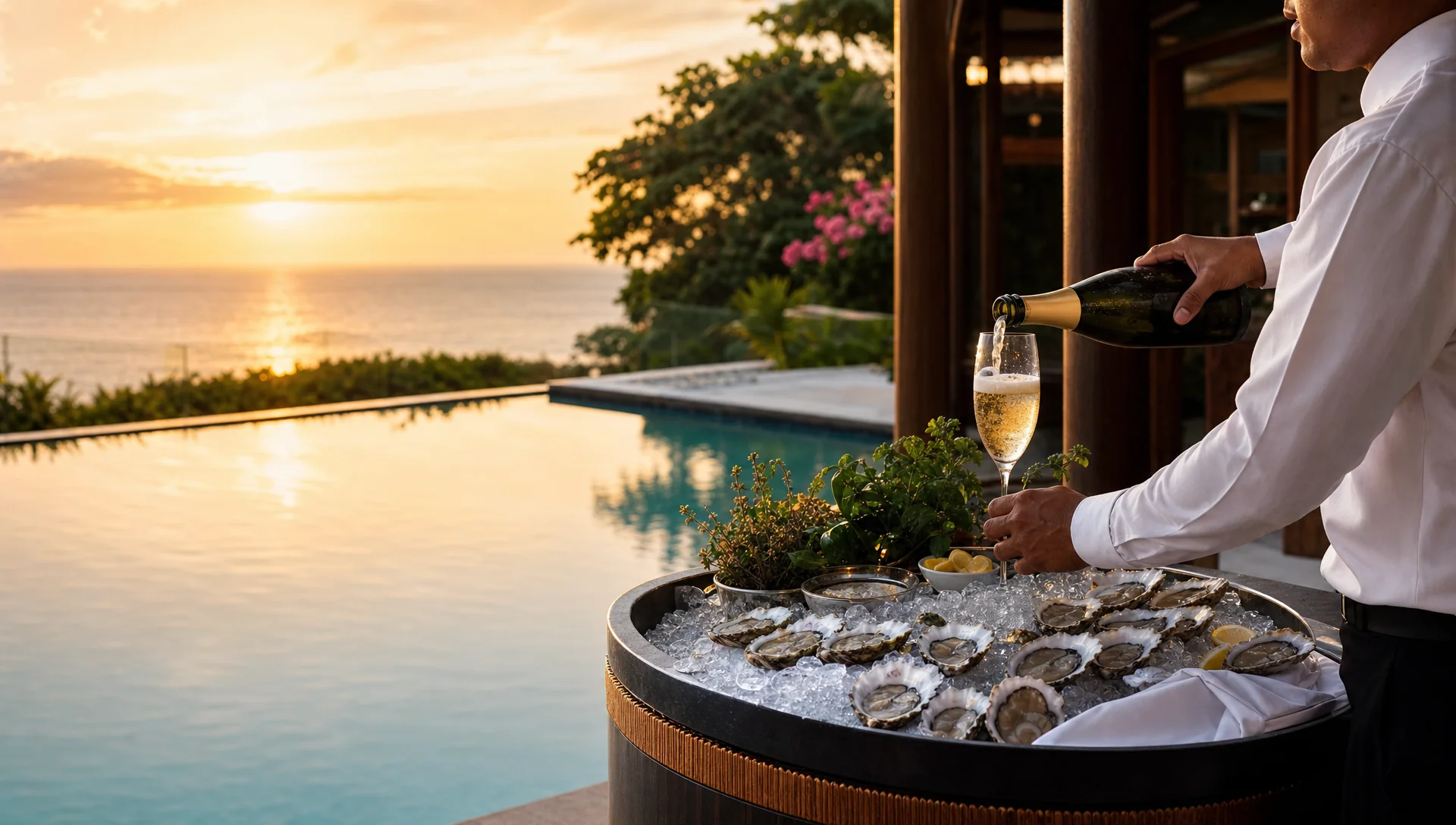 Oyster bar Bali with champagne service at an elegant private villa