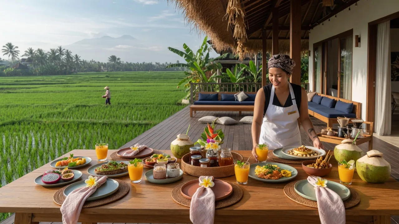 Private chef setting up a poolside dinner at a modern Berawa villa with rice field horizon