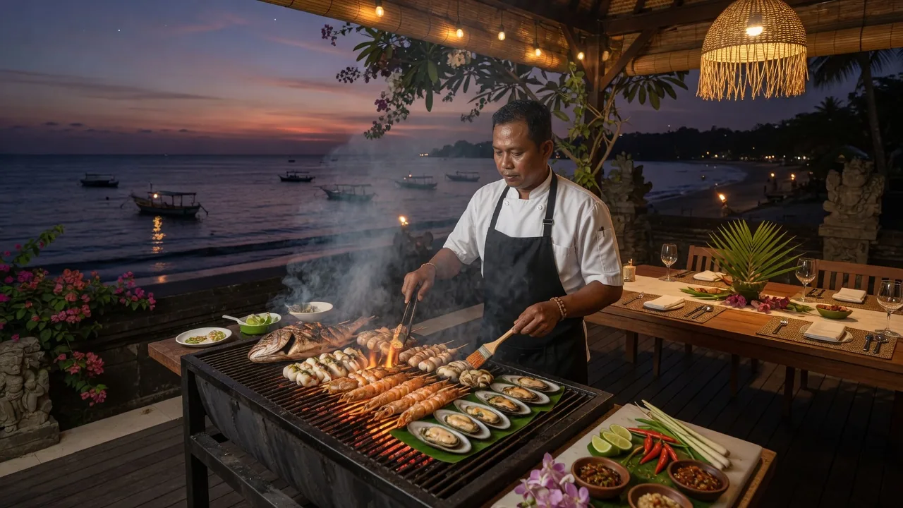 Indonesian chef grilling fresh seafood at a Jimbaran villa with Jimbaran Bay in the background