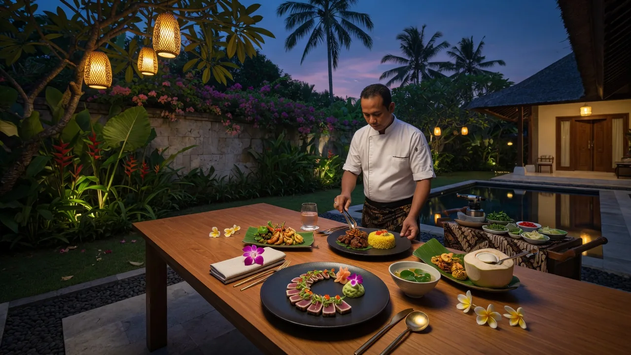 Private chef preparing a dinner at a Kerobokan villa with garden terrace