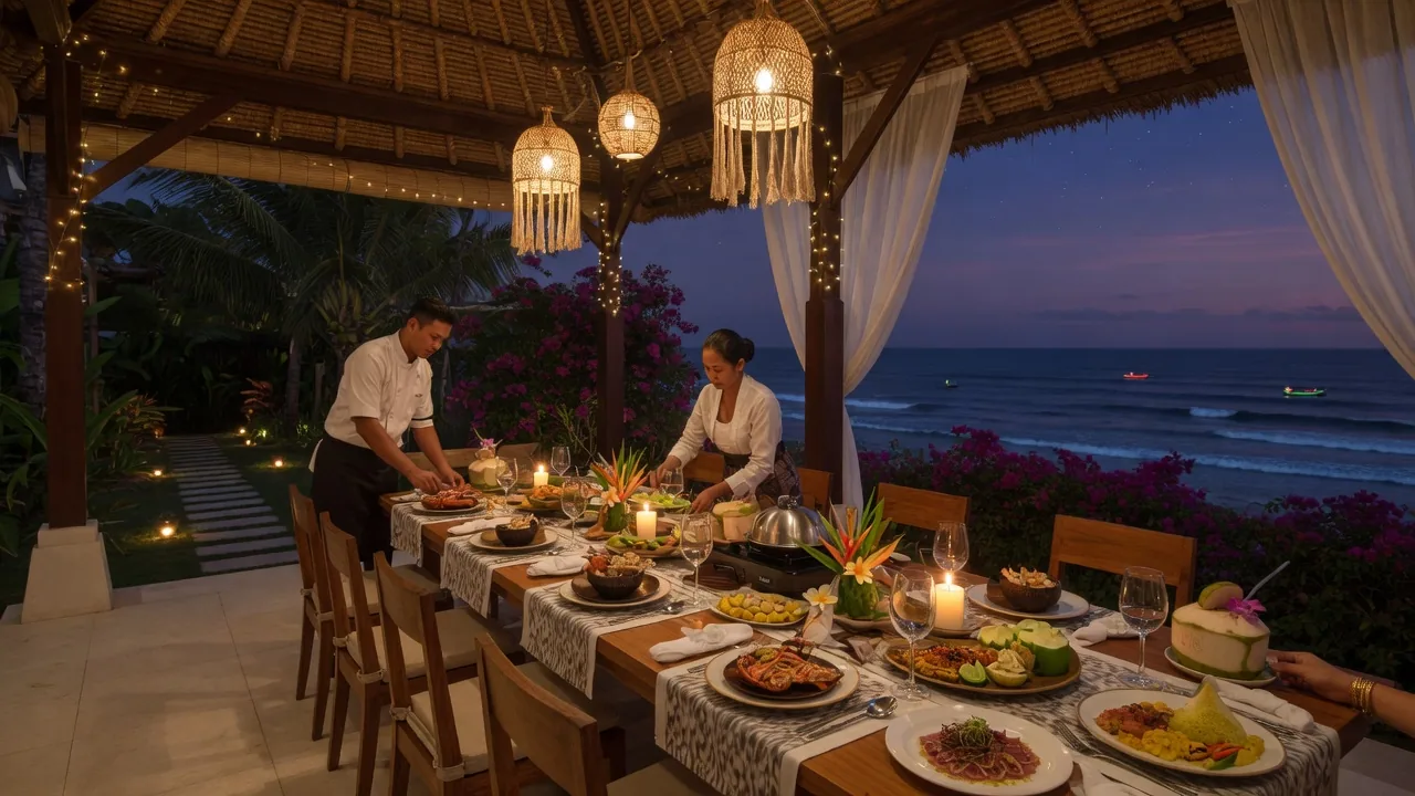 Private chef catering a villa group dinner and poolside service in Legian, Bali