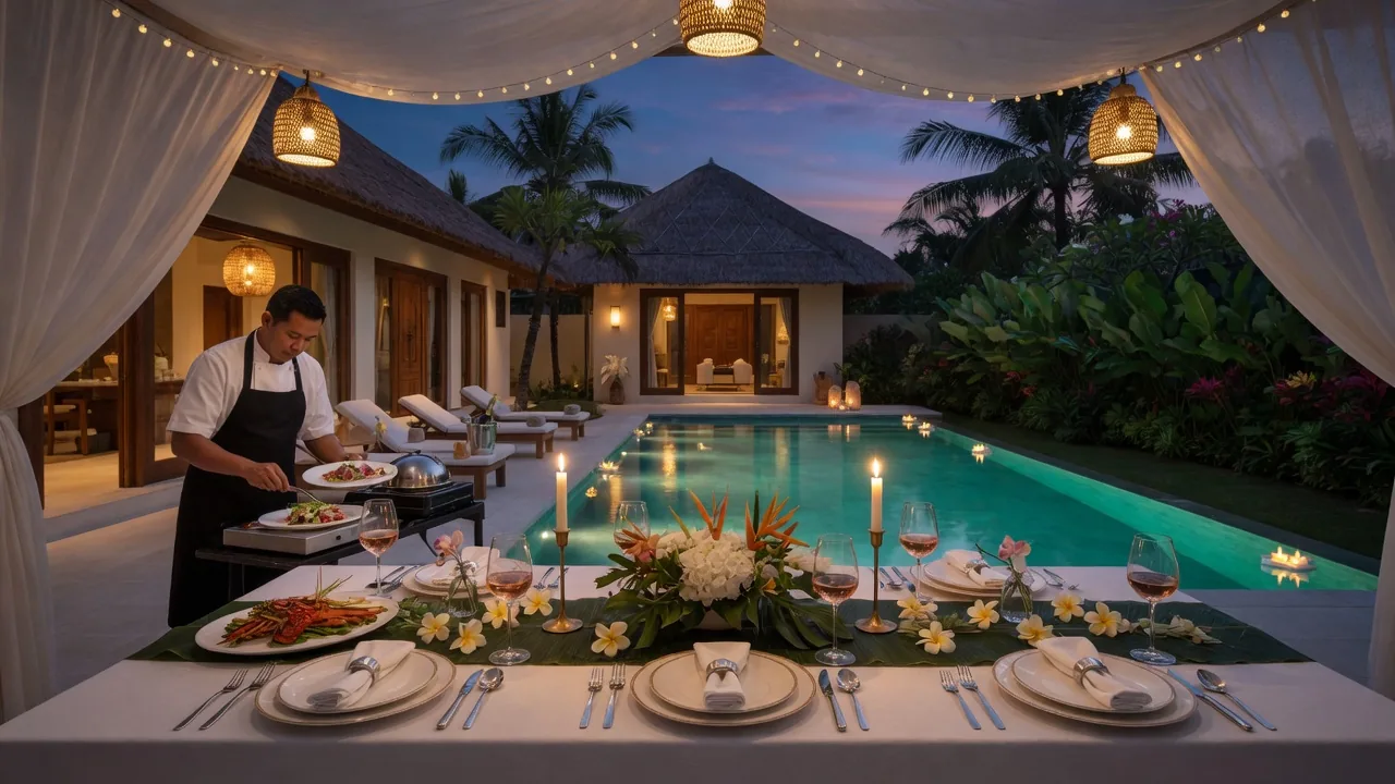 Private chef serving a formal plated course at a Nusa Dua luxury estate with pool and ocean view