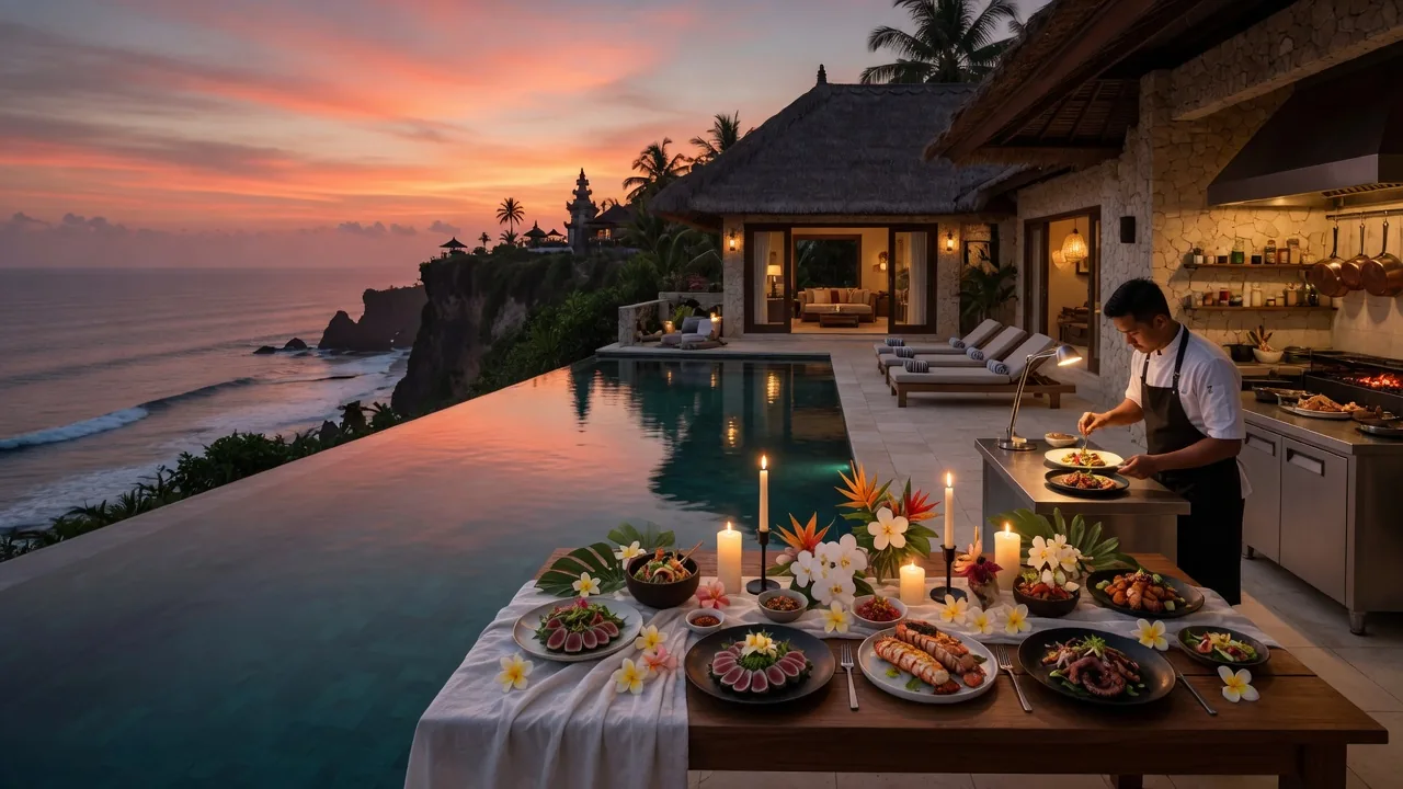 Private chef setting a candlelit table at a Pecatu clifftop villa, Bukit Peninsula