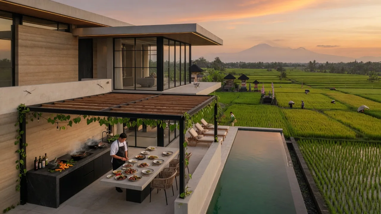 Chef preparing a romantic dinner at a secluded design villa in Pererenan at dusk