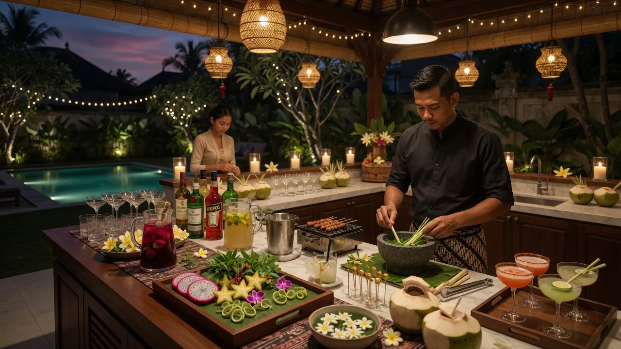 Private chef serving fine dining at a beachfront Petitenget villa terrace, Bali