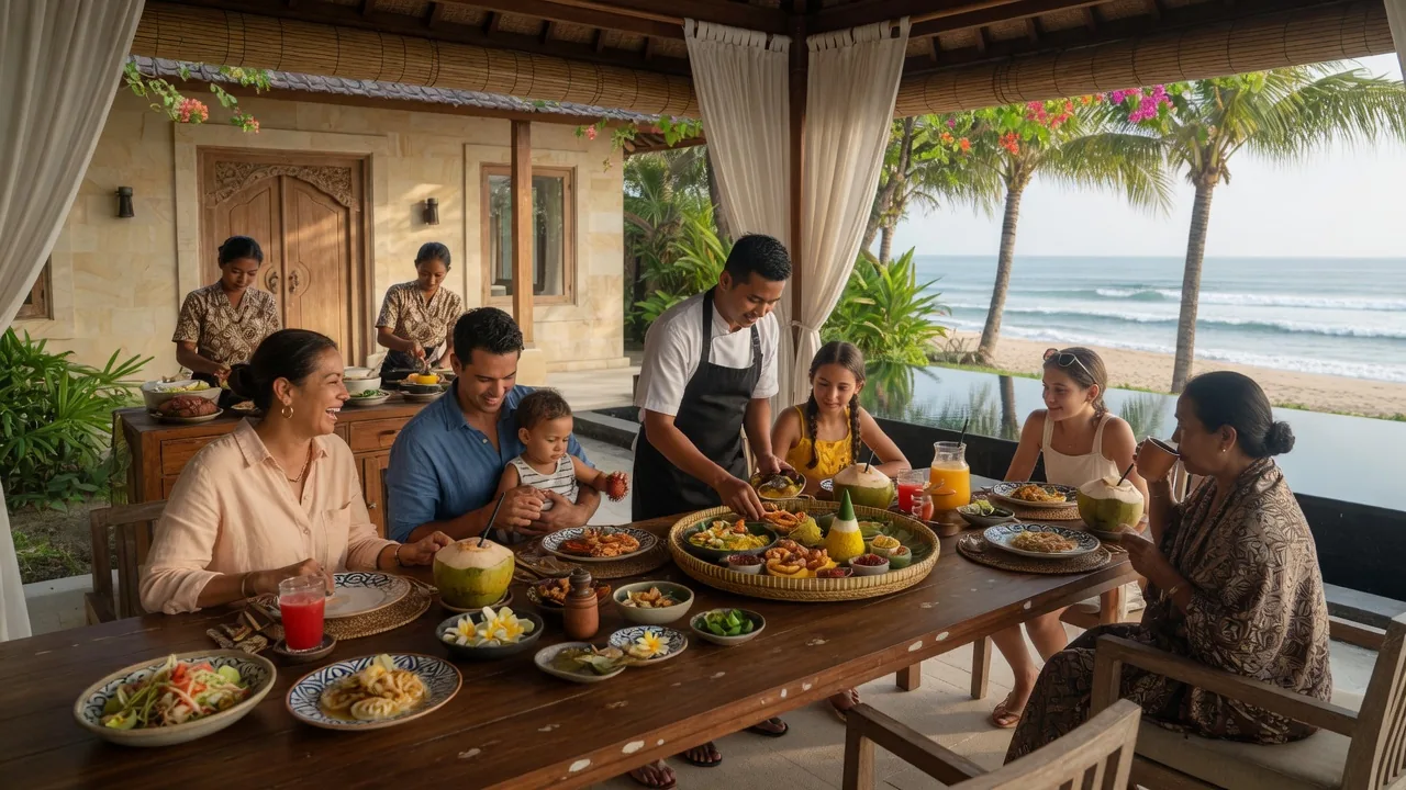 Private chef setting a multi-generational family dinner table at a Sanur villa with sunrise beach views