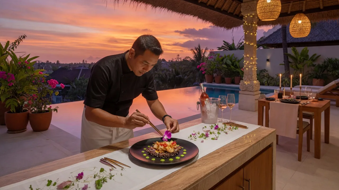 Private chef plating a fine dining course at a luxury Seminyak villa pool at sunset
