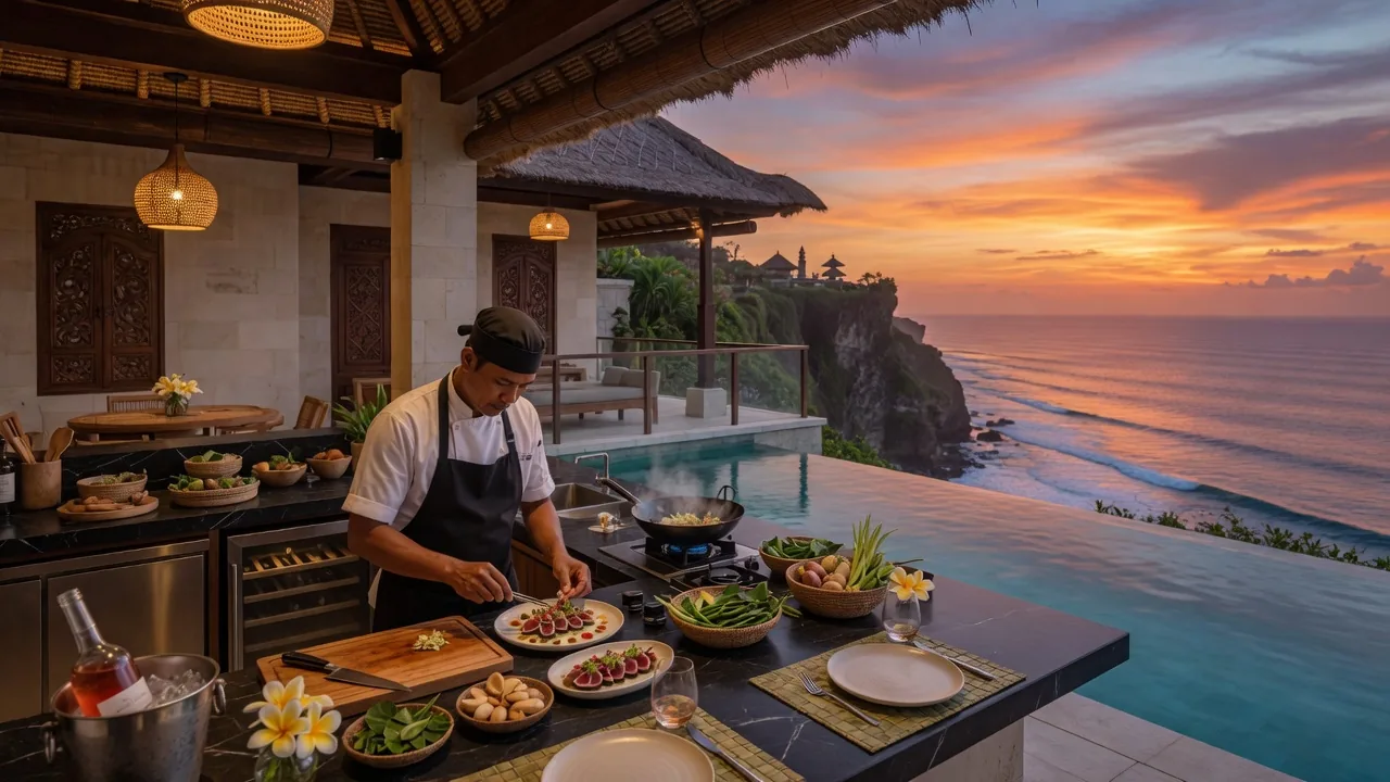 Private chef serving a seafood platter at a clifftop villa in Uluwatu with Indian Ocean views