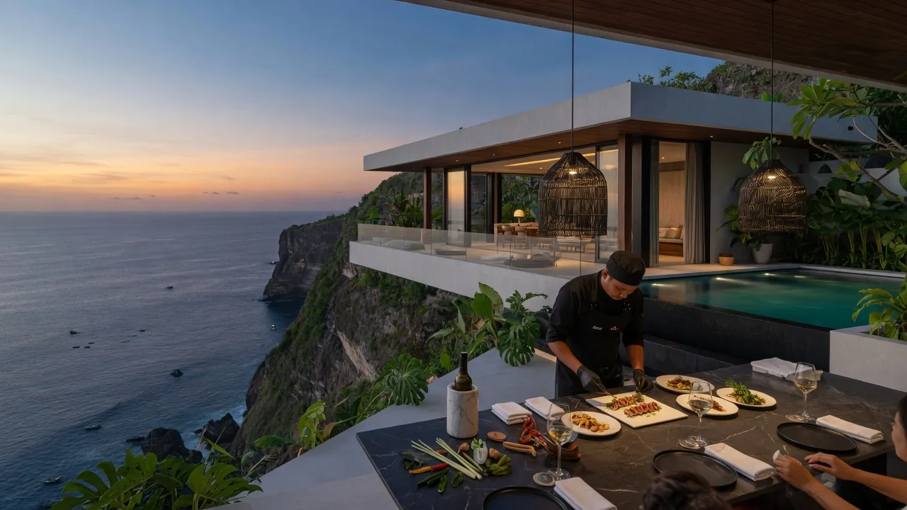 Private chef plating a fine-dining course at a clifftop villa in Ungasan, Bali