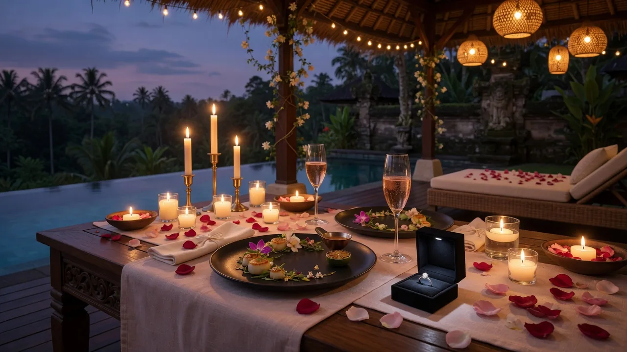 Candlelit proposal dinner setup at a Bali villa — private chef romantic dinner experience