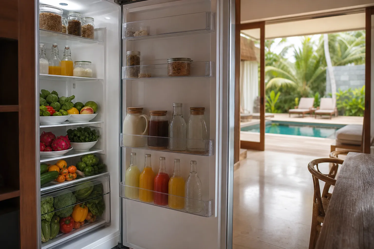 Stocked villa refrigerator with labelled fresh produce before guest arrival