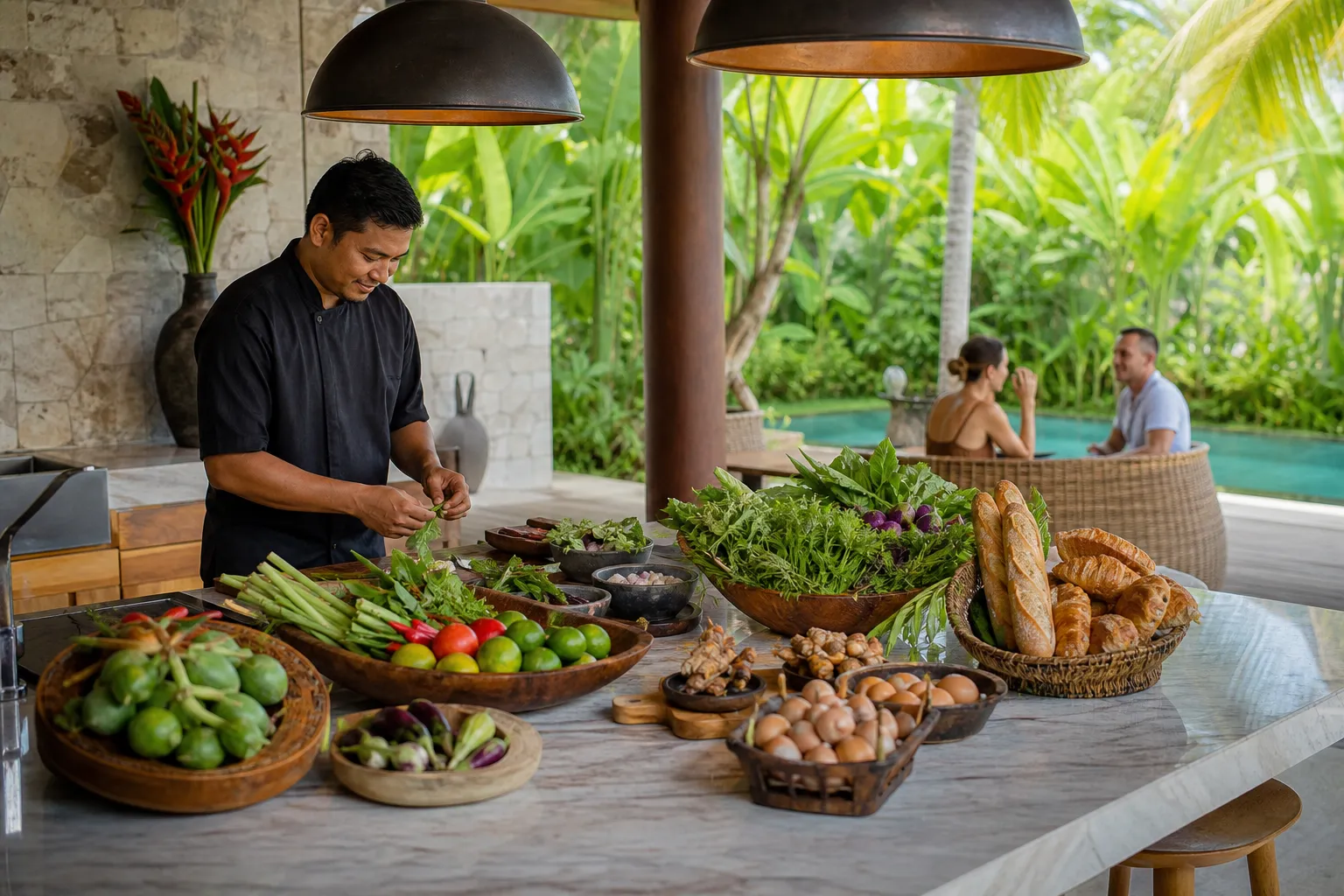 Fresh market produce and pantry goods set out on a Bali villa kitchen bench