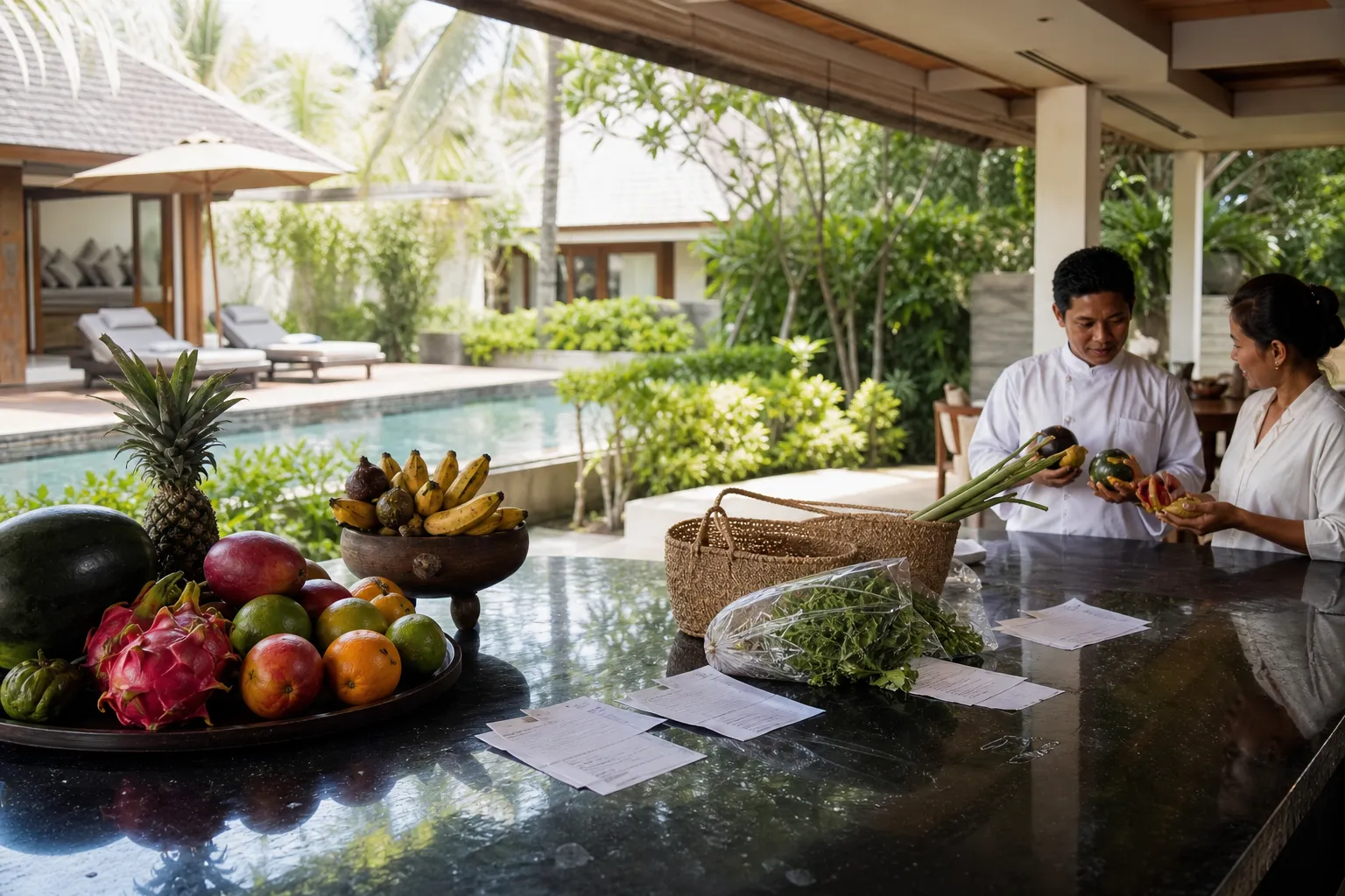 Shopping receipts beside Bali market produce on a villa kitchen counter