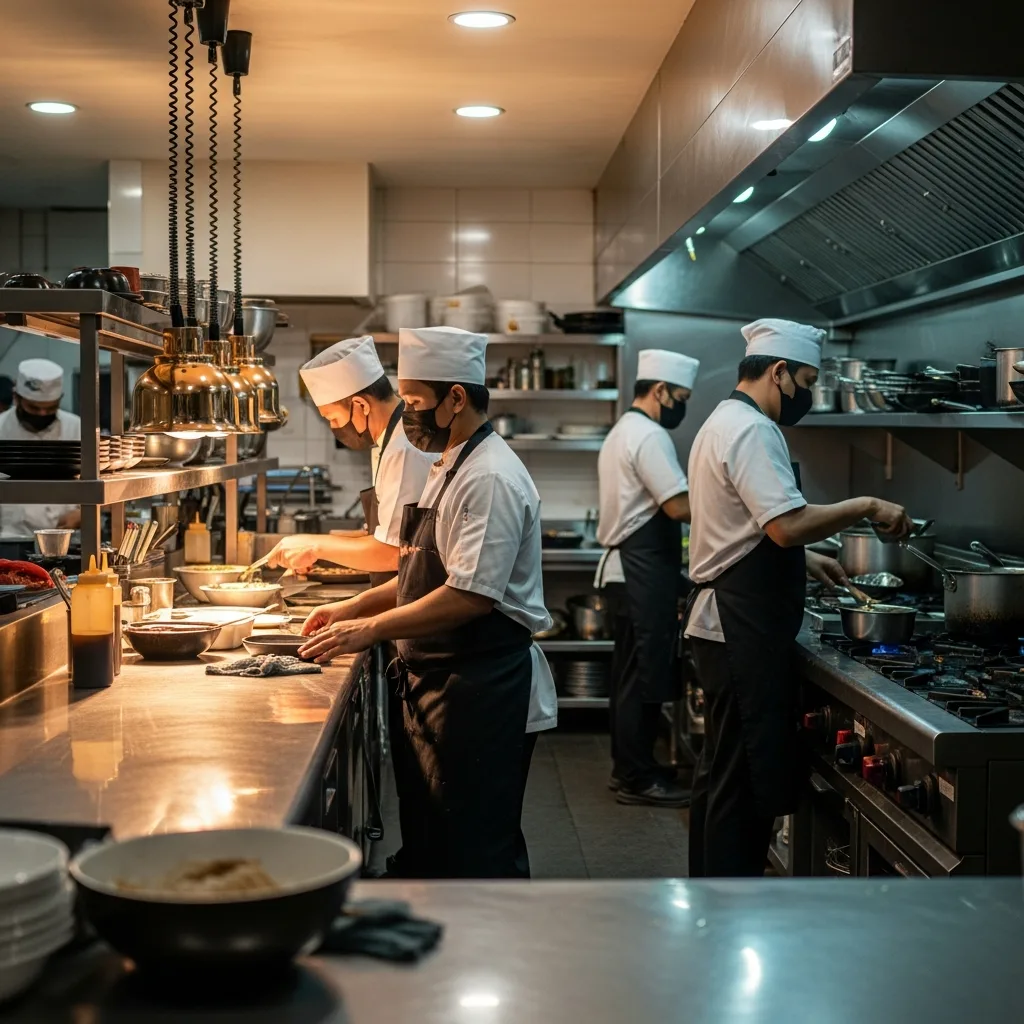 Professional commercial kitchen brigade working service stations in an Indonesian restaurant