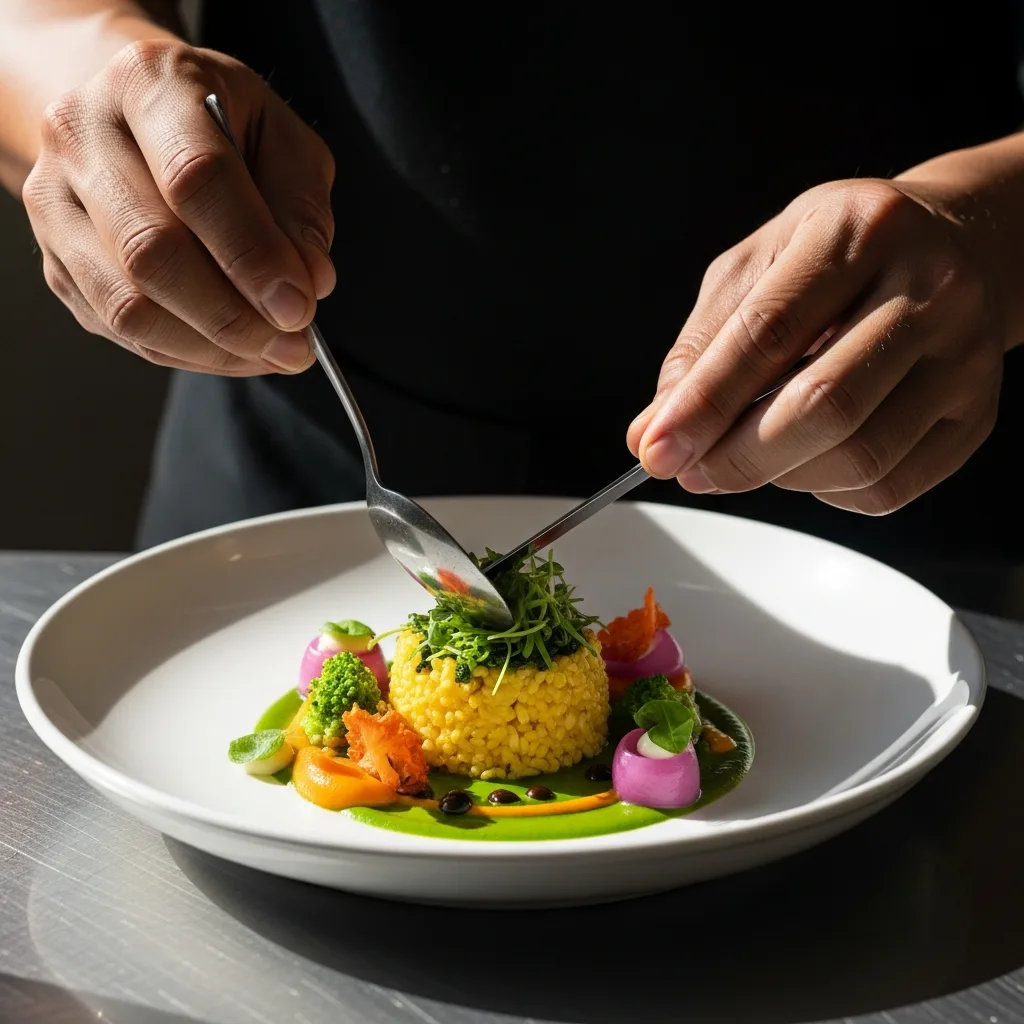 Chef refining plated restaurant dishes during a tasting trial