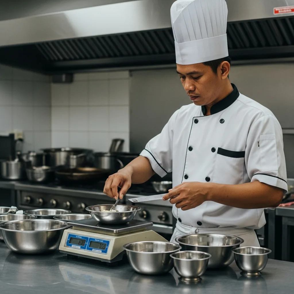 Weighing ingredients for recipe costing in a commercial kitchen