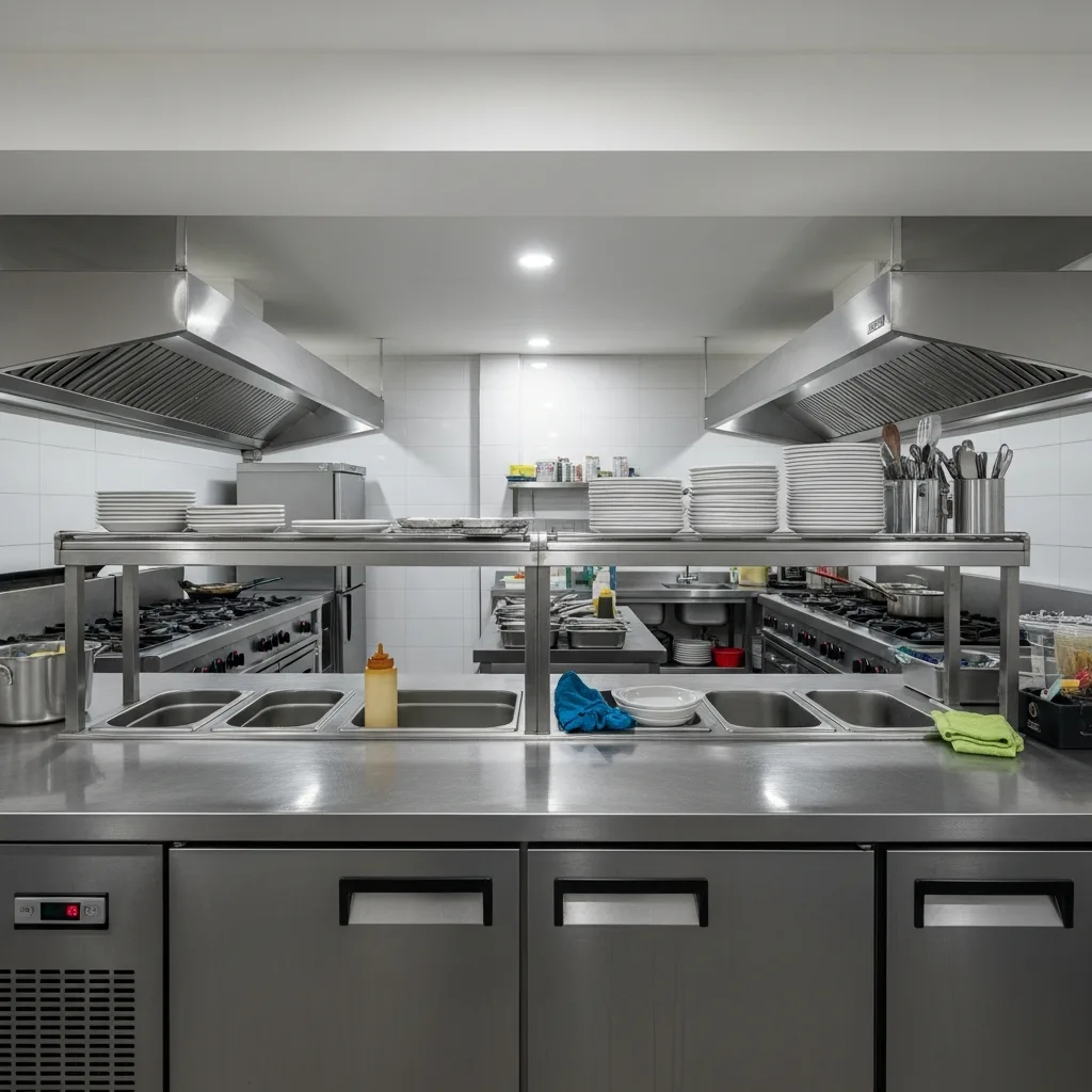 Clean commercial kitchen showing distinct operational zones
