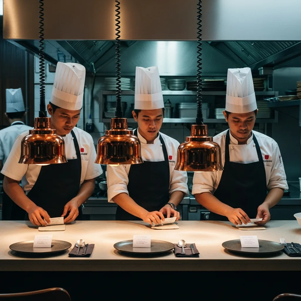 Busy restaurant kitchen pass during peak service