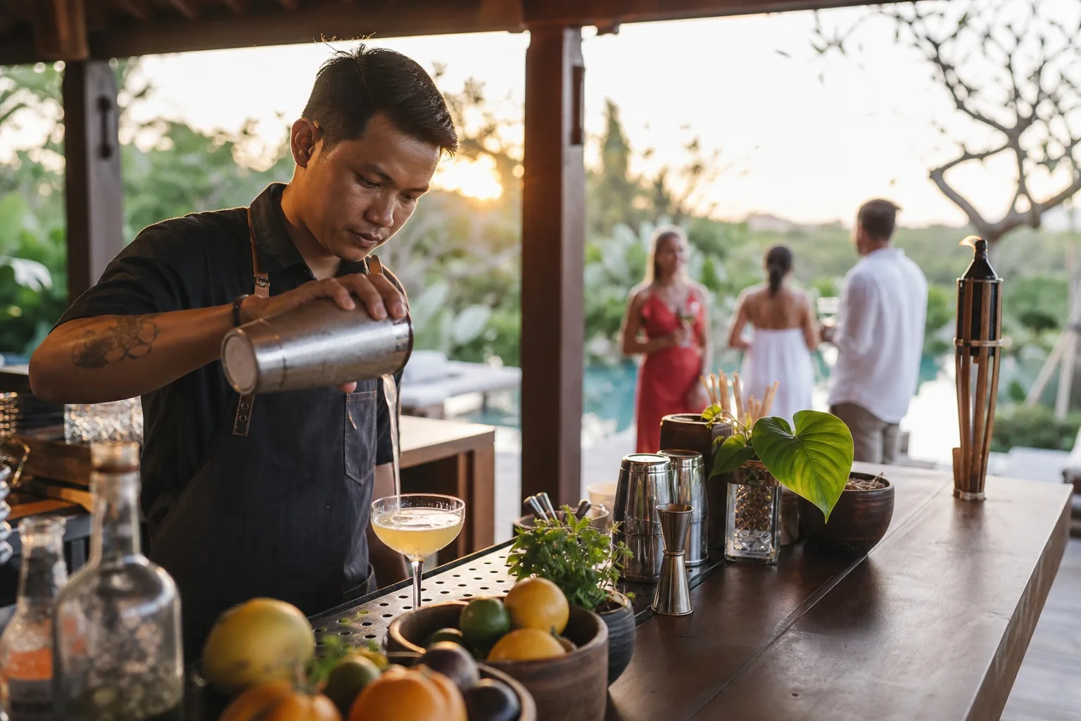 Professional bartenders preparing for a Bali villa event