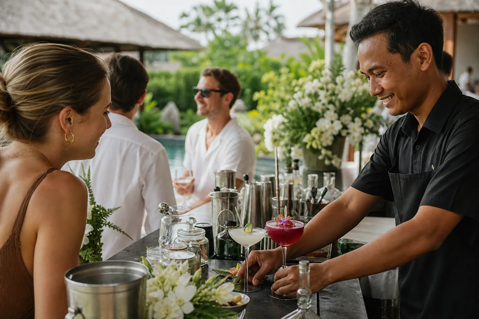Event bartenders serving at a Bali villa party